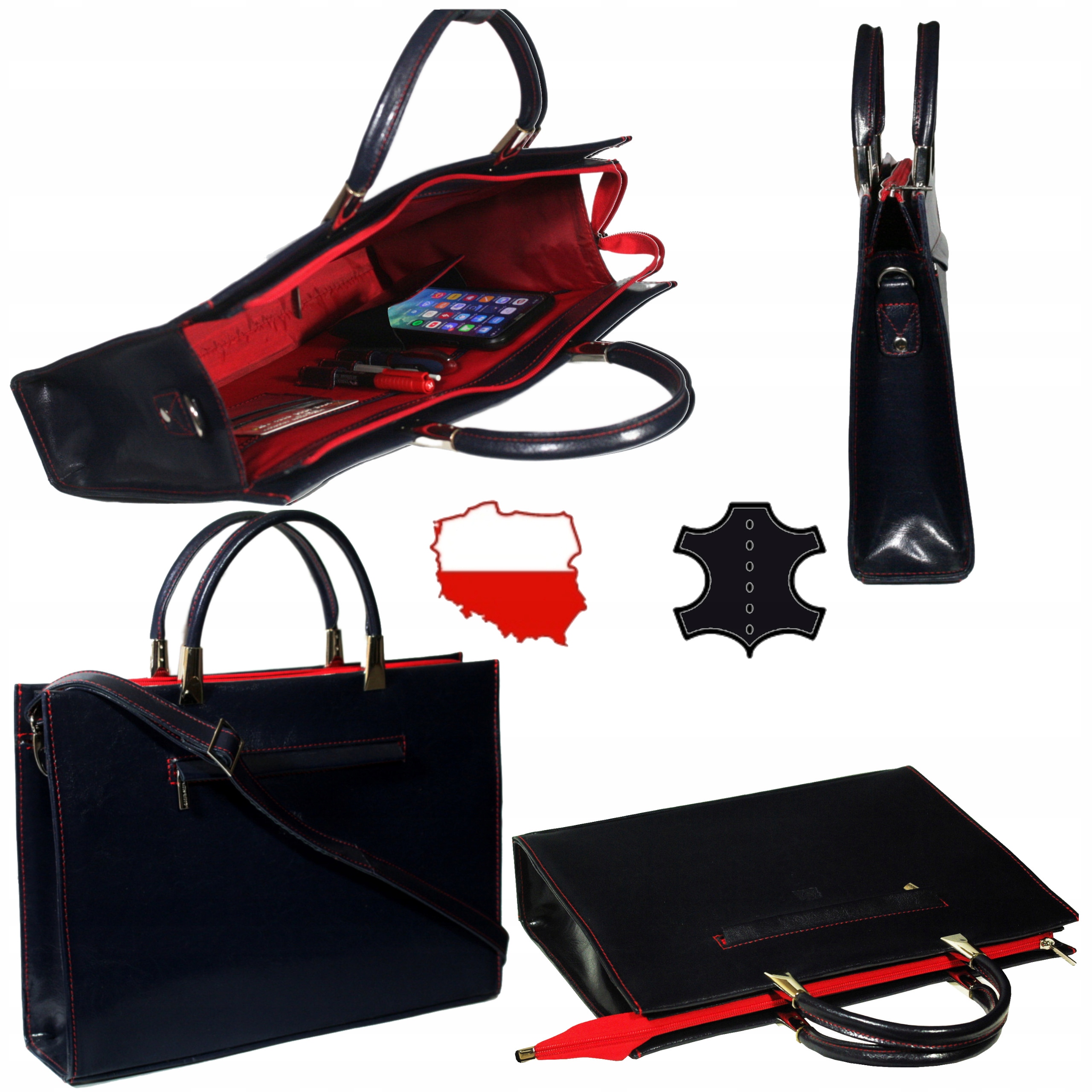 Dámská kožená kabelka přes rameno na notebook 15, modrá, polská výroba A4