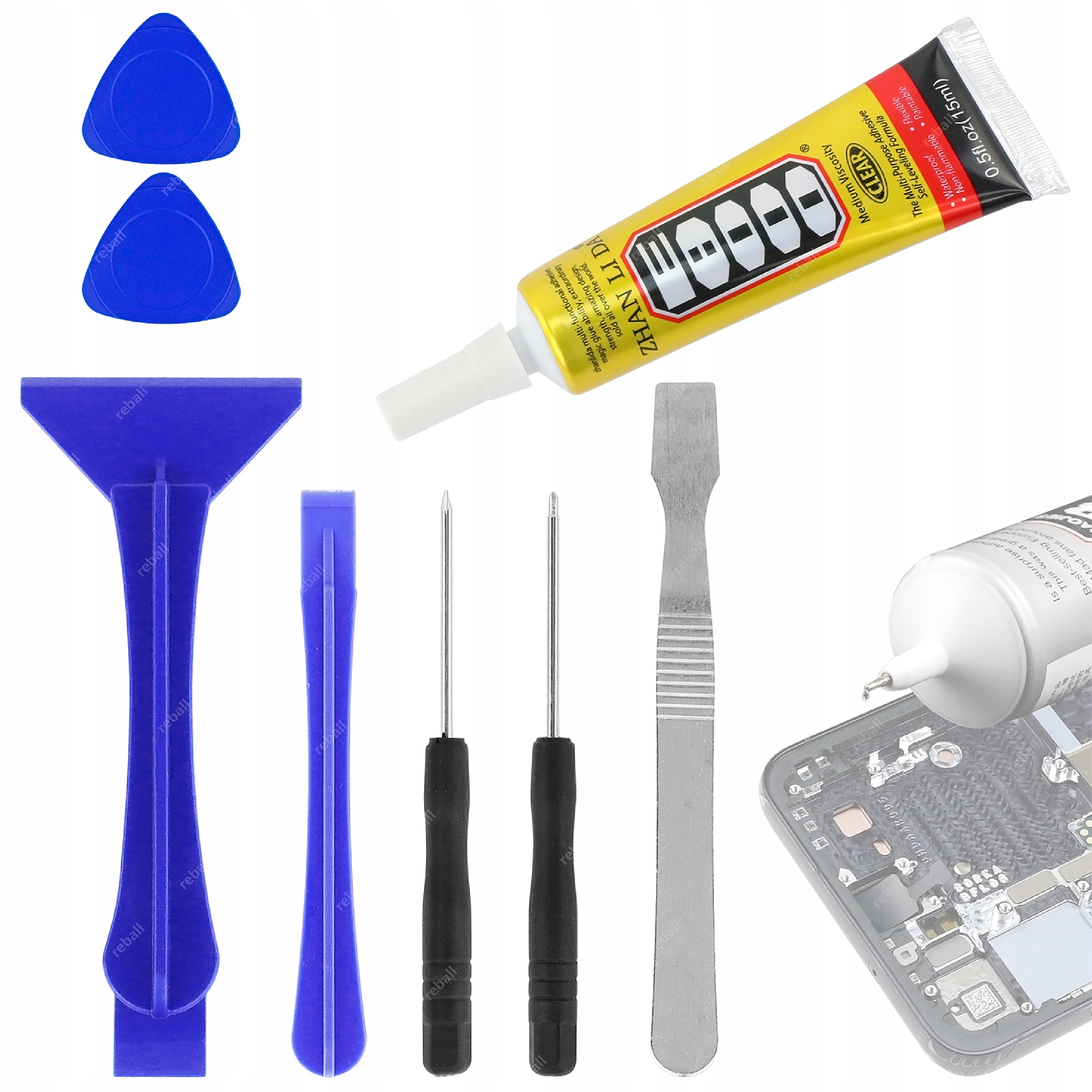 KLEJ E-8000 15ml + ZESTAW DO NAPRAWY TELEFON SMARTFON TABLET SZYBKA 7 ELEM