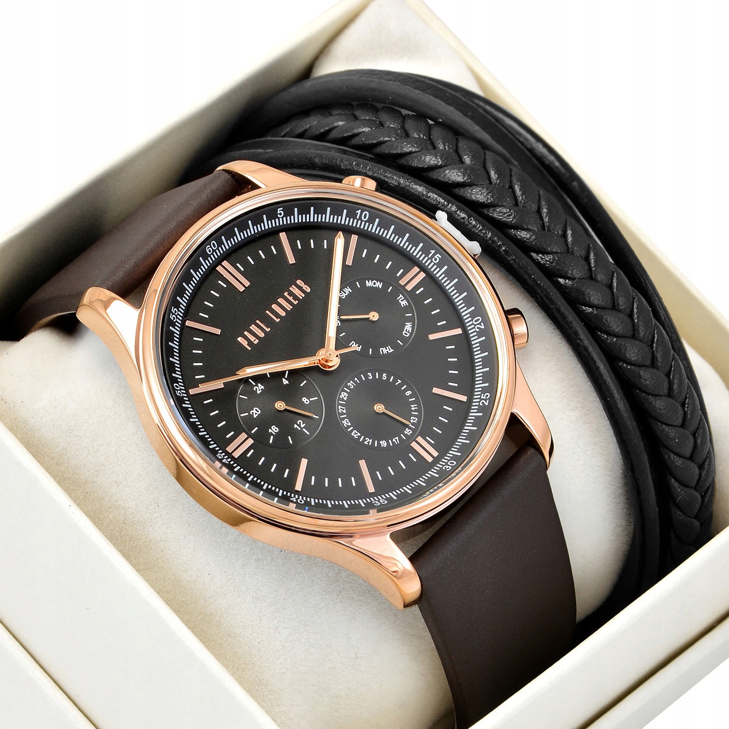 pánské hodinky Paul Lorens Faber hnědé barvy s náramkem s gravírováním