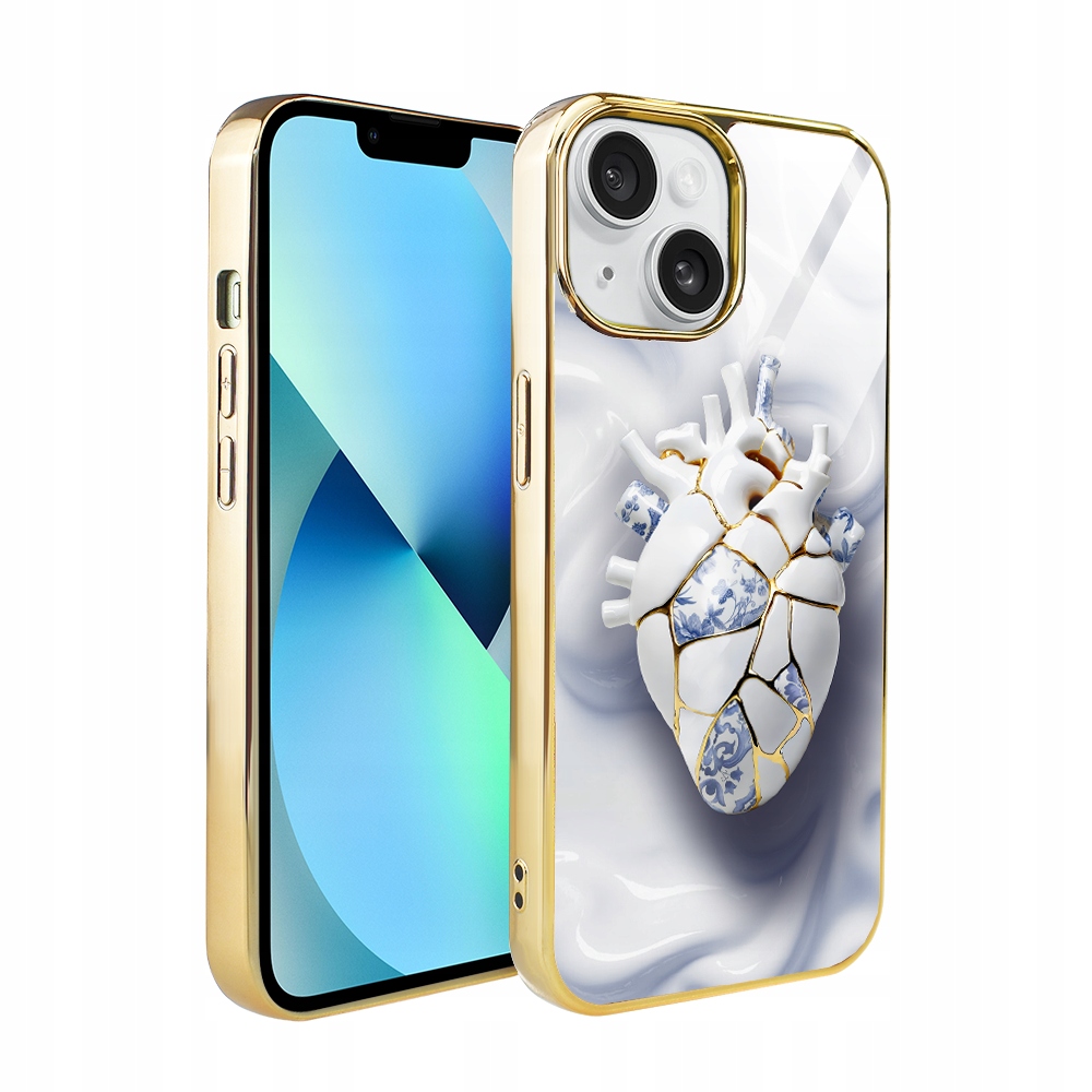 Pouzdro pro iPhone 13 Ibizu Elite Glass, skleněná zadní strana, porcelánové srdce, zlaté