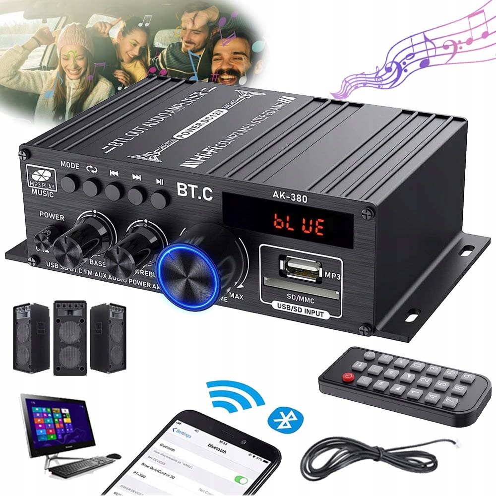 Domácí Zesilovač Bluetooth 5.0 40W Přenosné Fm Rádio 12V Pro Domácí Automobil