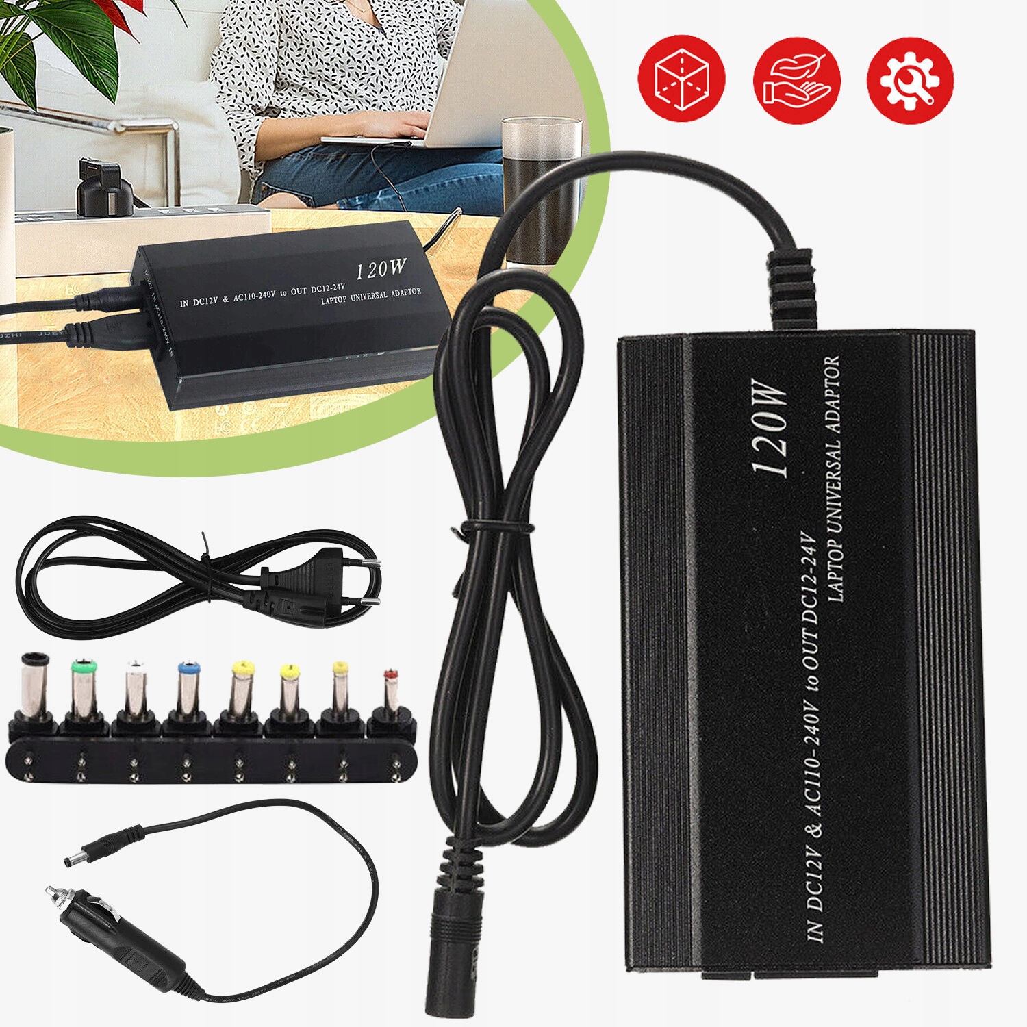 WIELOFUNKCYJNY ZASILACZ DO NOTEBOOKA Z 8 WTYCZKĄ DO ŁADOWANIA DO SAMOCHODU