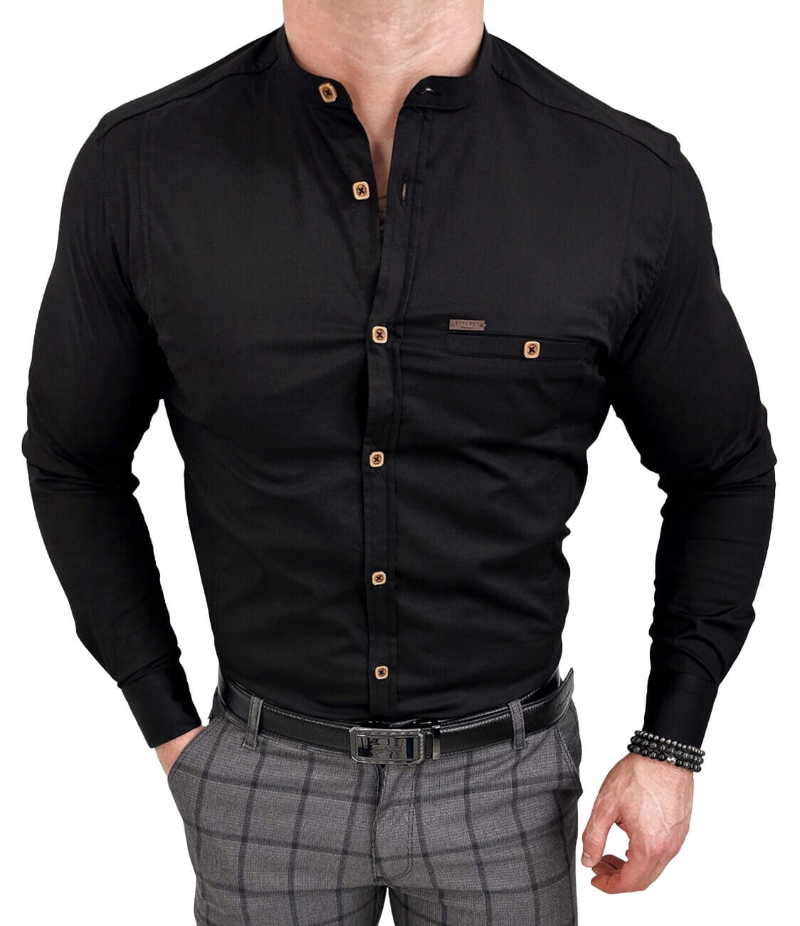 Koszula meska czarna ze stojka slim fit kwadratowe guziki Stylovy 1964 M