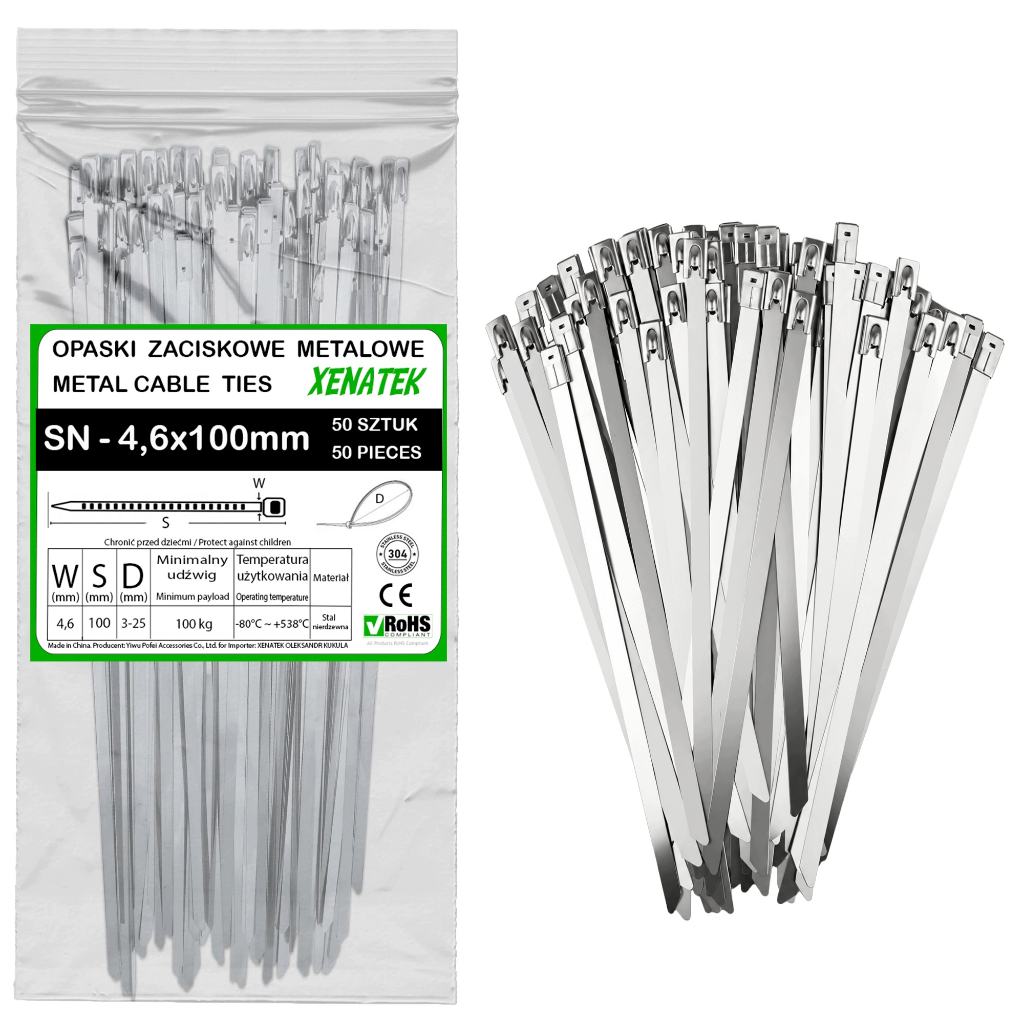 Opaski zaciskowe 4,6x100 50 szt stalowe metalowe Stal Nierdzewna 304 trytki