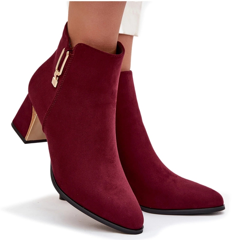 Dámské Kotníkové Boty Eko Semiš Podpatek Sloupek Zlaté Detaily Na Zip Vínové 41