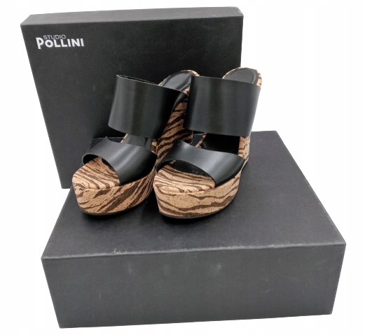 Buty Damskie Pollini Skórzane klapki na koturnie r. 36