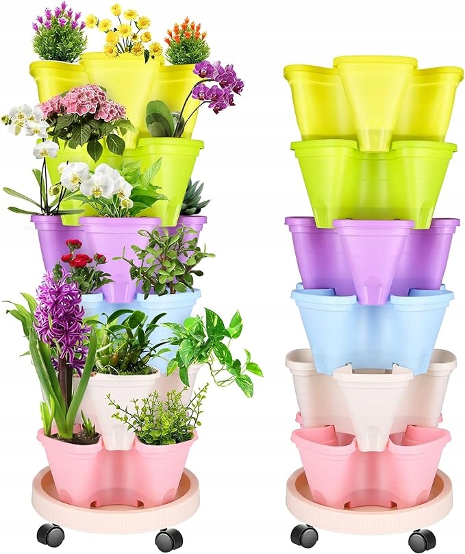 Věž na rostliny 6-úrovňová s květináči a kolečky, barevná, Pp