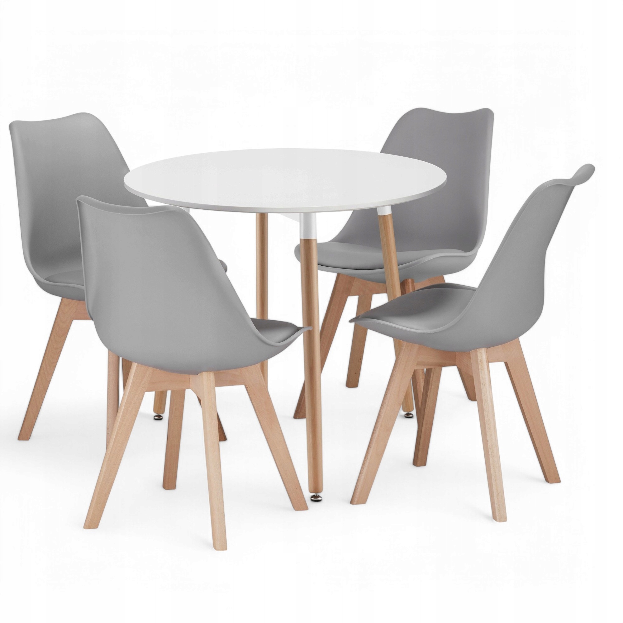 Okrúhly stôl Biely 80 cm 4 škandinávske stoličky Šedý set do domácnosti