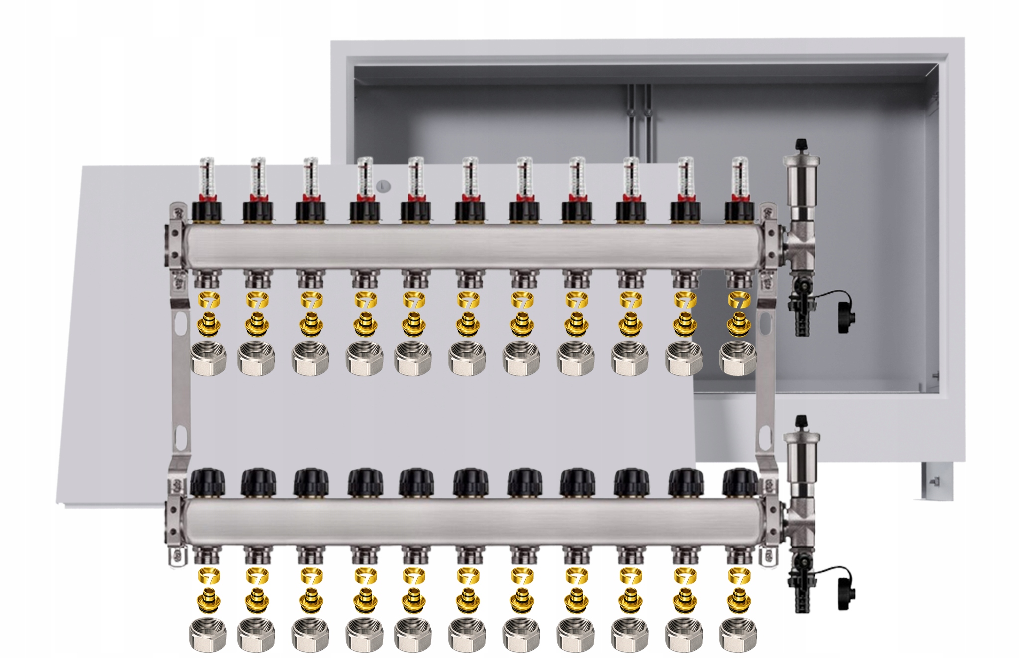 Nerezový rozdělovač pro podlahové podlahy 11 okruhů s podomítkovou schránkou Pex