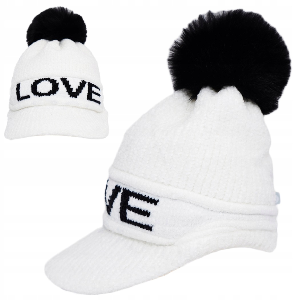 

Biała Czapka Love r.54-56 daszek pompon Ala