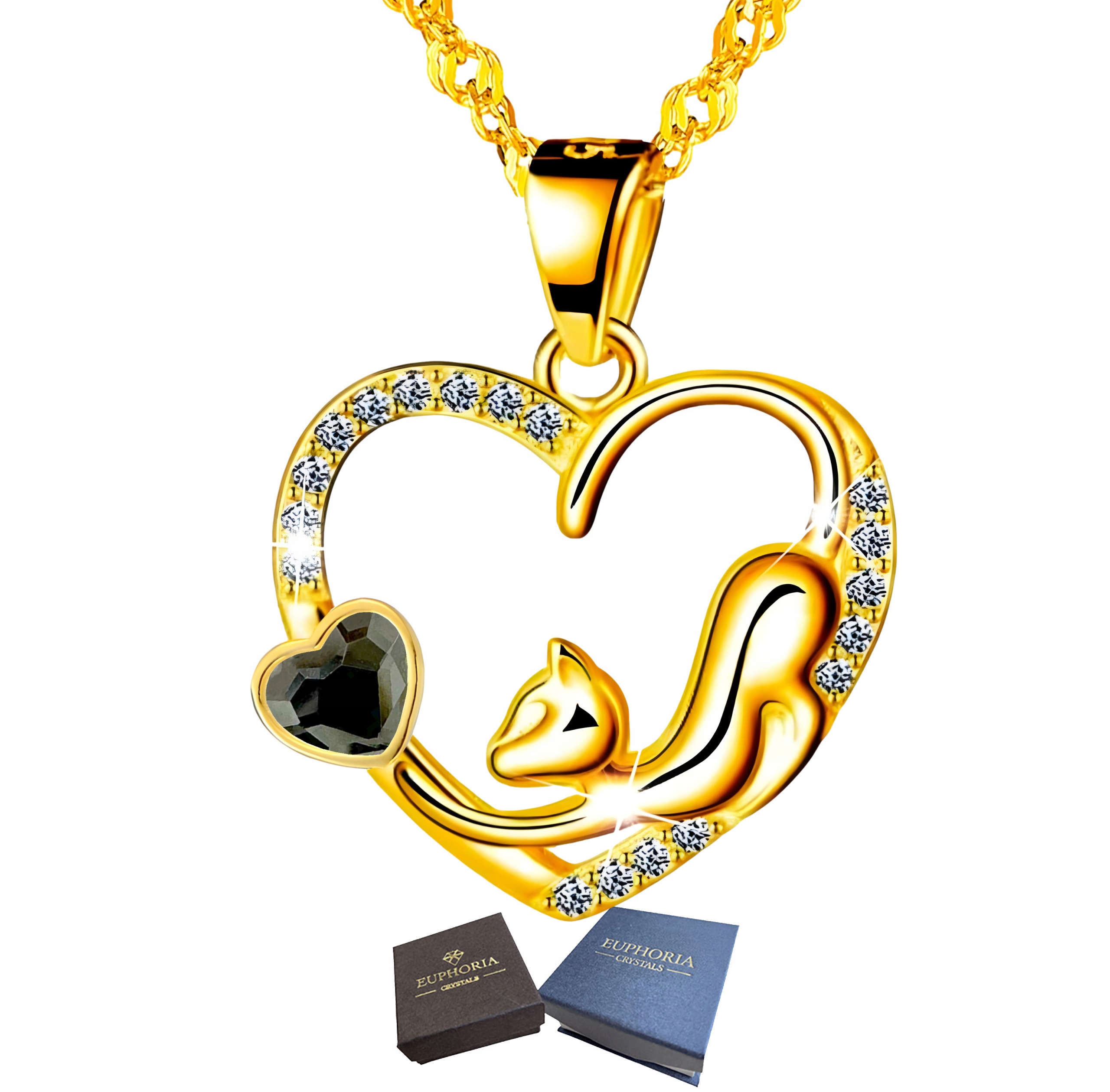 Zlatý náhrdelník Stříbro 925 Srdce s kočkou a zirkony Celebrita pro ženy