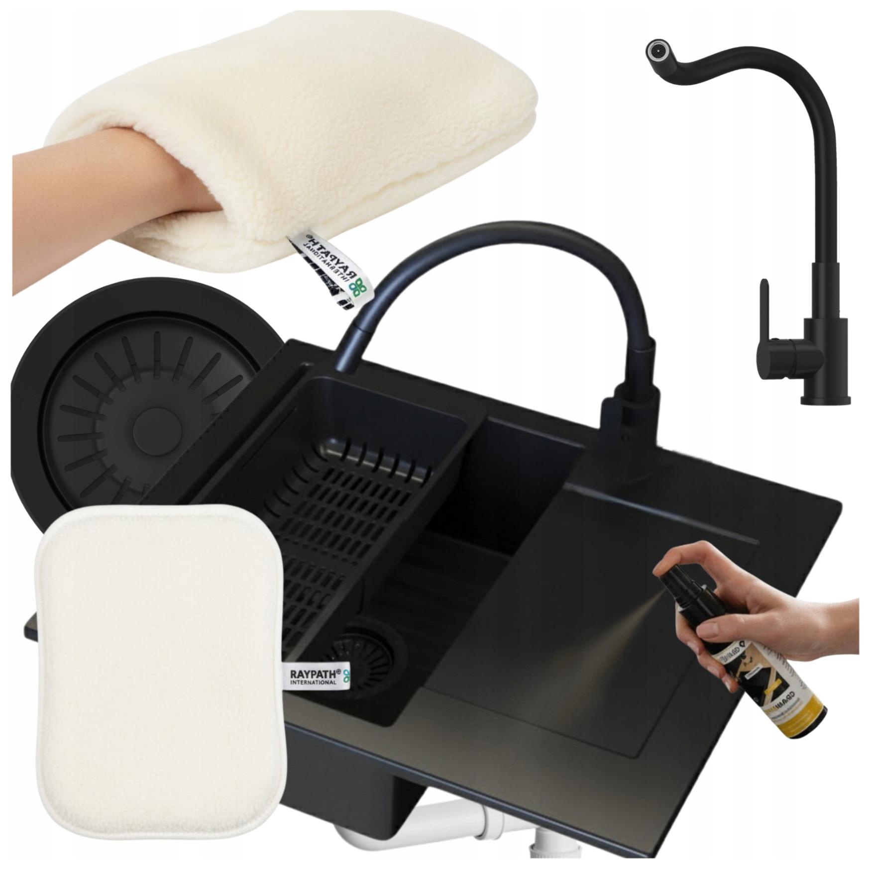 Granitový dřez černý Sada Bello baterie sifon čističky Raypath