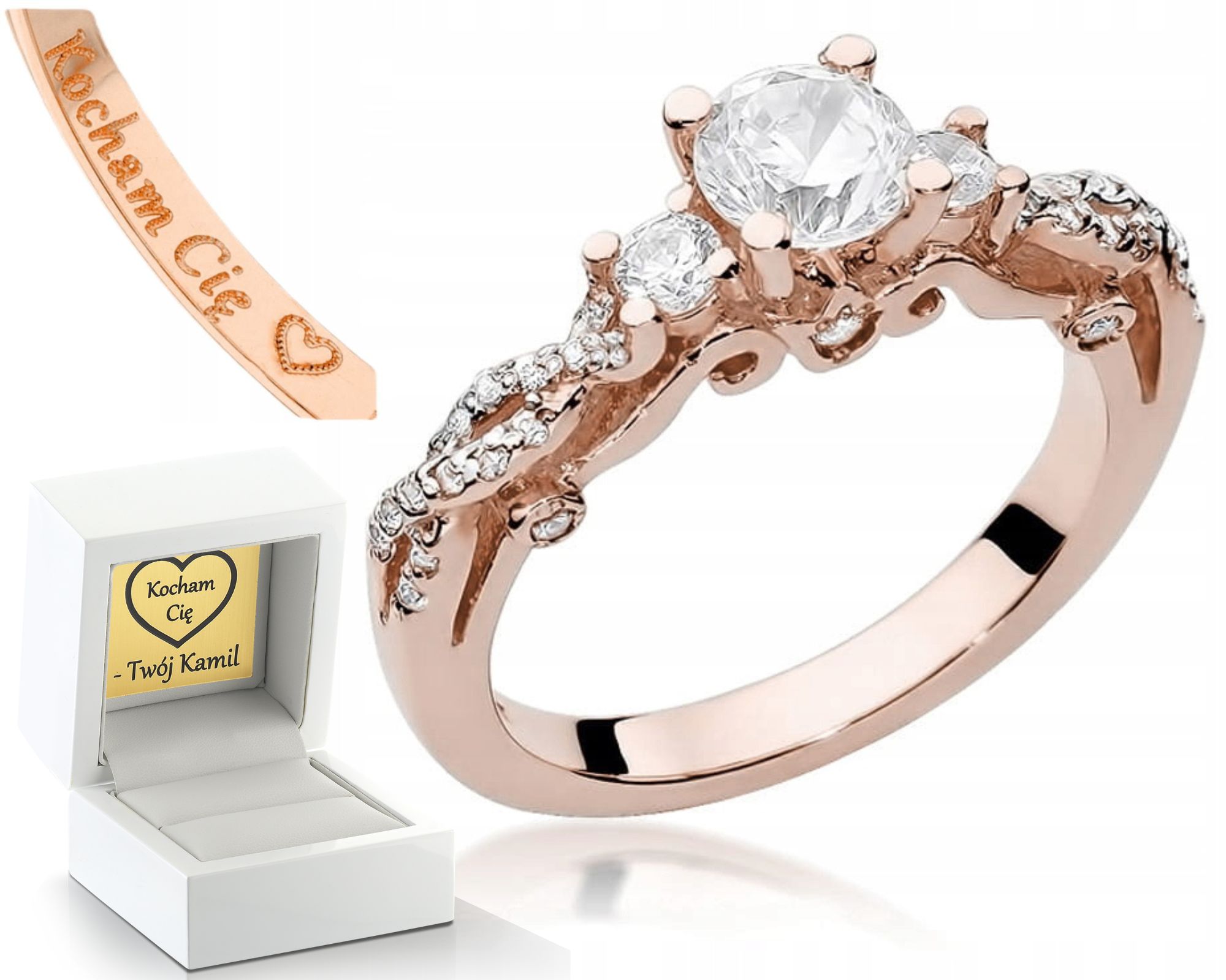 Prstýnek Prsten Z Růžového Zlata S Bílým Safírem A Diamanty Gravírování 585