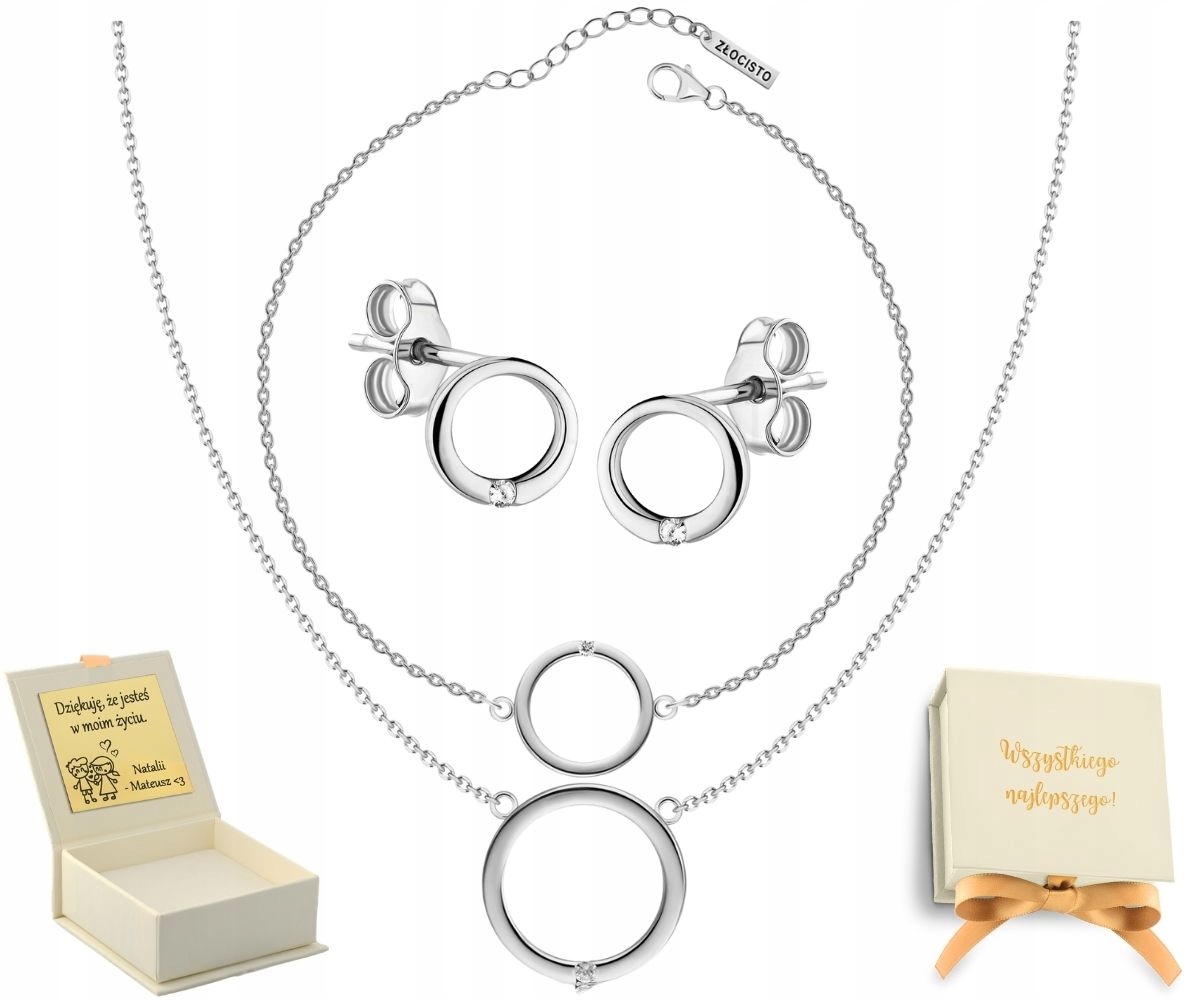 Stříbro Komplet Náhrdelník Náušnice Náramek Kroužky Kruhy Se Zirkonem
