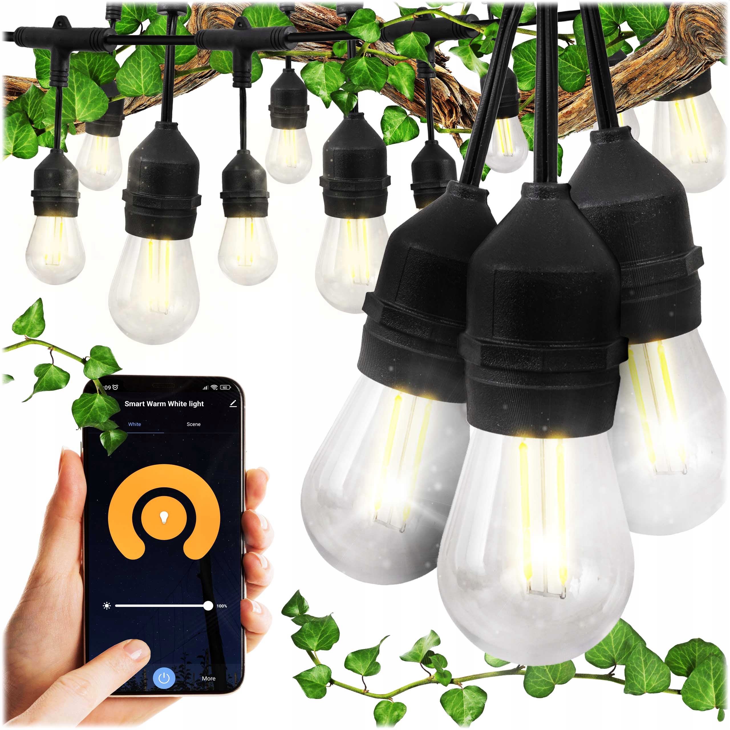 Led zahradní světelná girlanda Smart Tuya proud 11 m 18 x lampičky E27 regulace