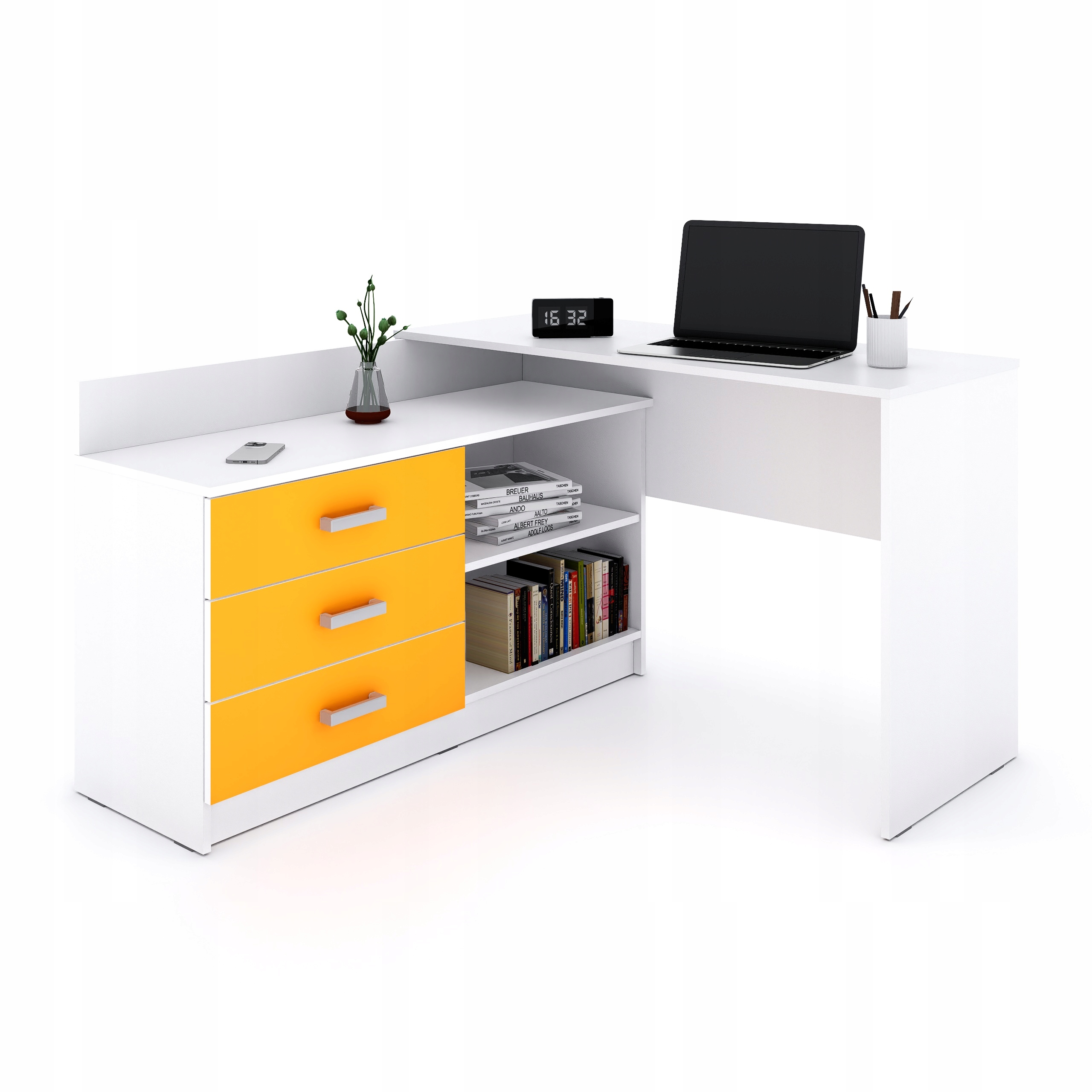 Rohový psací stůl L 120x131 cm 3 zásuvky pro mládež Alto oranžová