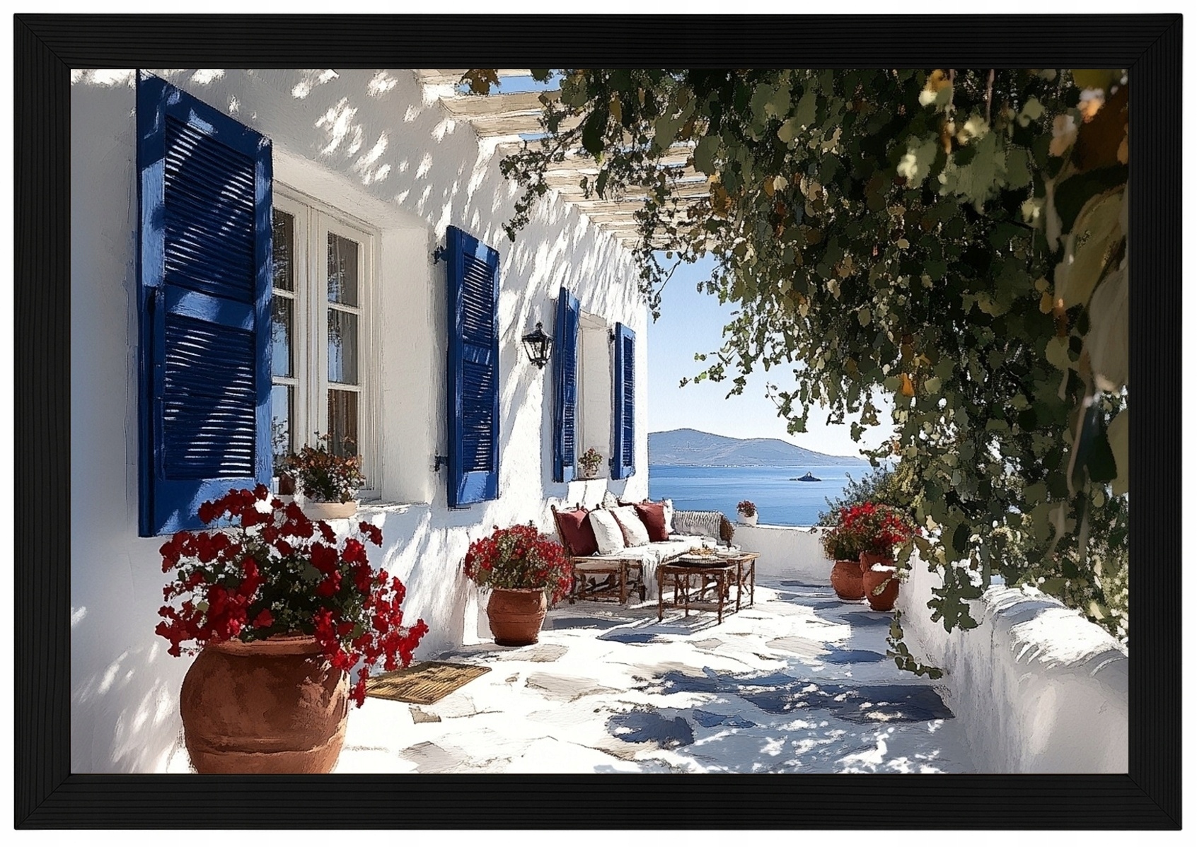 Plakát Rámeček Dřevěná Krajina Řecko Dům Villa Terasa Moře Relaxace 60x40