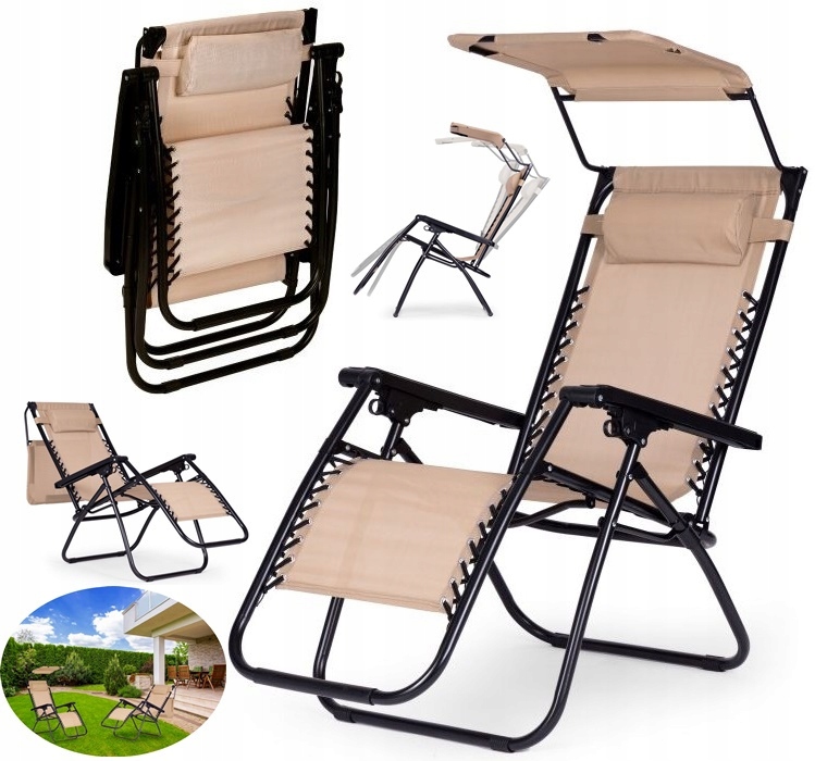 LEŻAK FOTEL OGRODOWY PLAŻOWY SKŁADANY KRZESŁO Z ZAGŁÓWKIEM DASZEK BEŻOWY