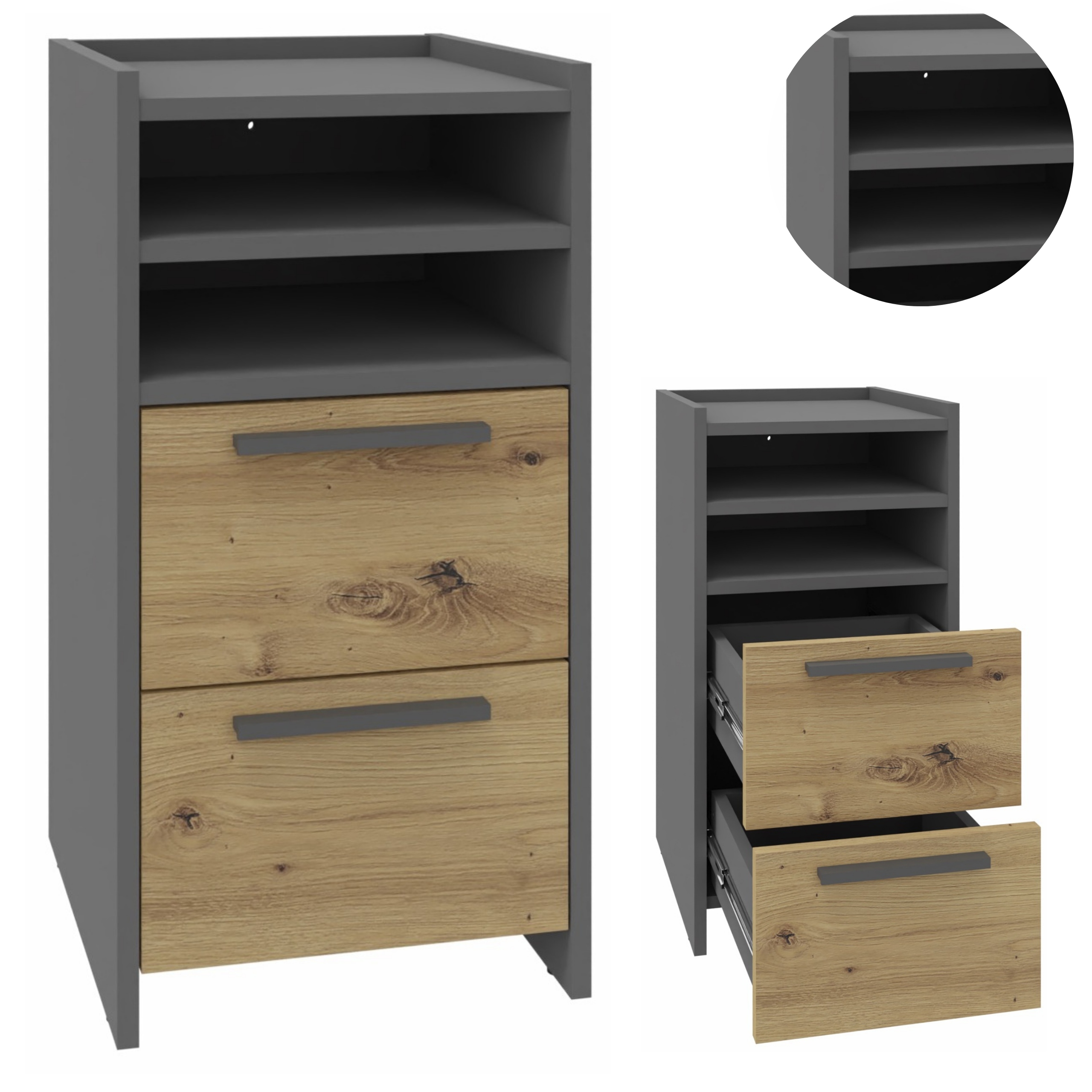 Komoda Altivo 2SW2O artisan-antracit malá skrinka s priestrannými zásuvkami a policami