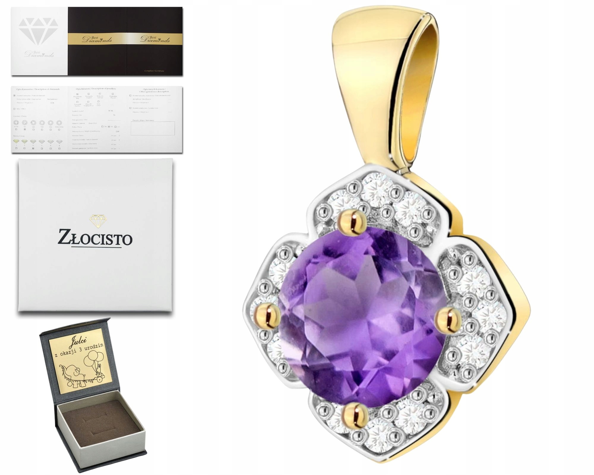 Zlatý Přívěsek Přírodní Kámen Ametyst Diamanty Brilianty 14K Dárek
