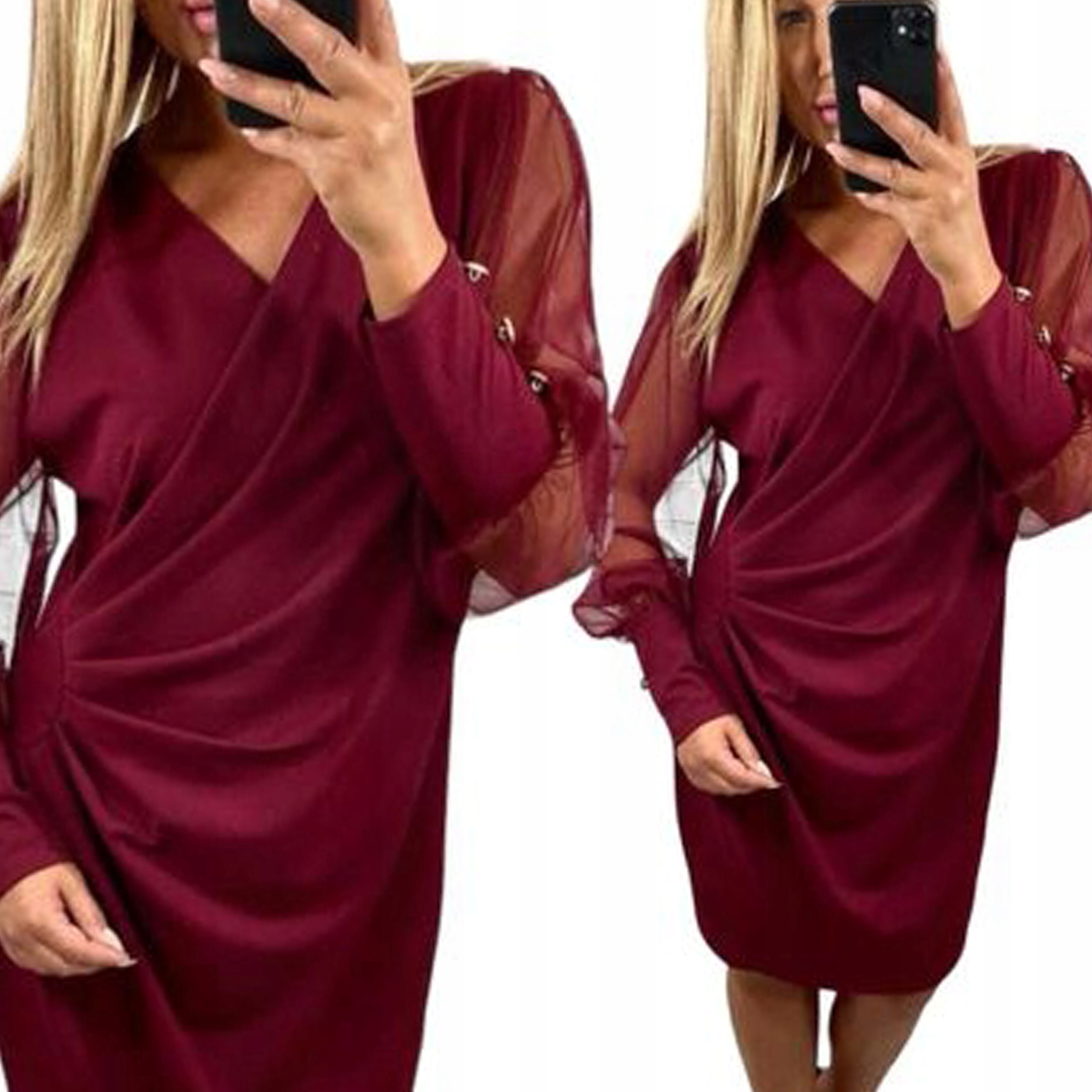 V782 Večerní Šaty Obálková S Tylovým Rukávem Bordó vel. (3XL)