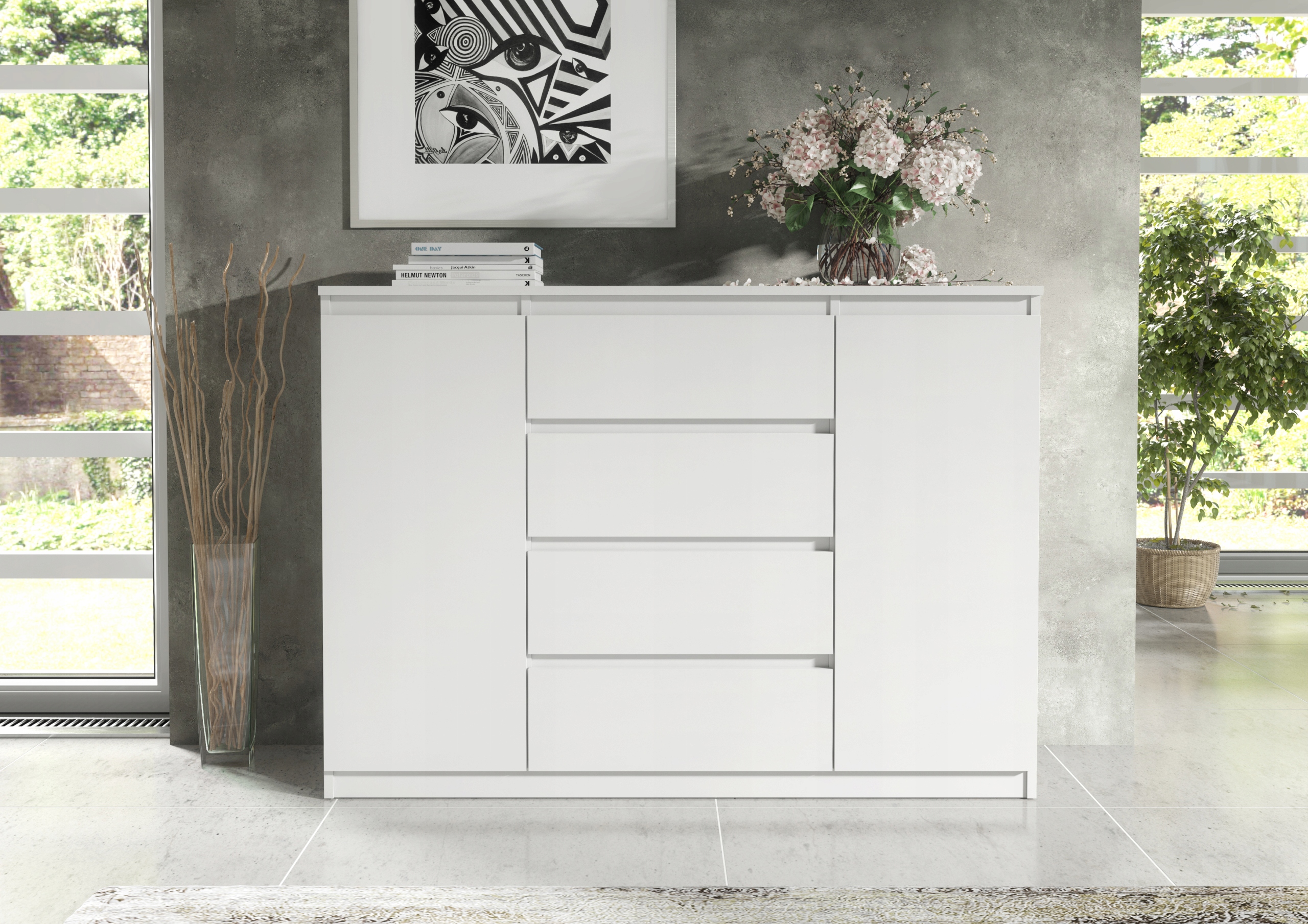 NOWOCZESNA KOMODA 140CM BIAŁA 4 SZUFLADY 2 DRZWI DO SALONU SYPIALNI Kolor frontów biały