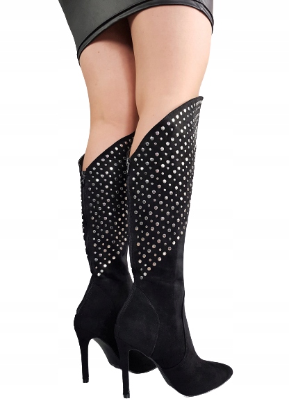 CZARNE BUTY KOZAKI ZAMKI Z TYŁU DŻETY ZAMSZ 38