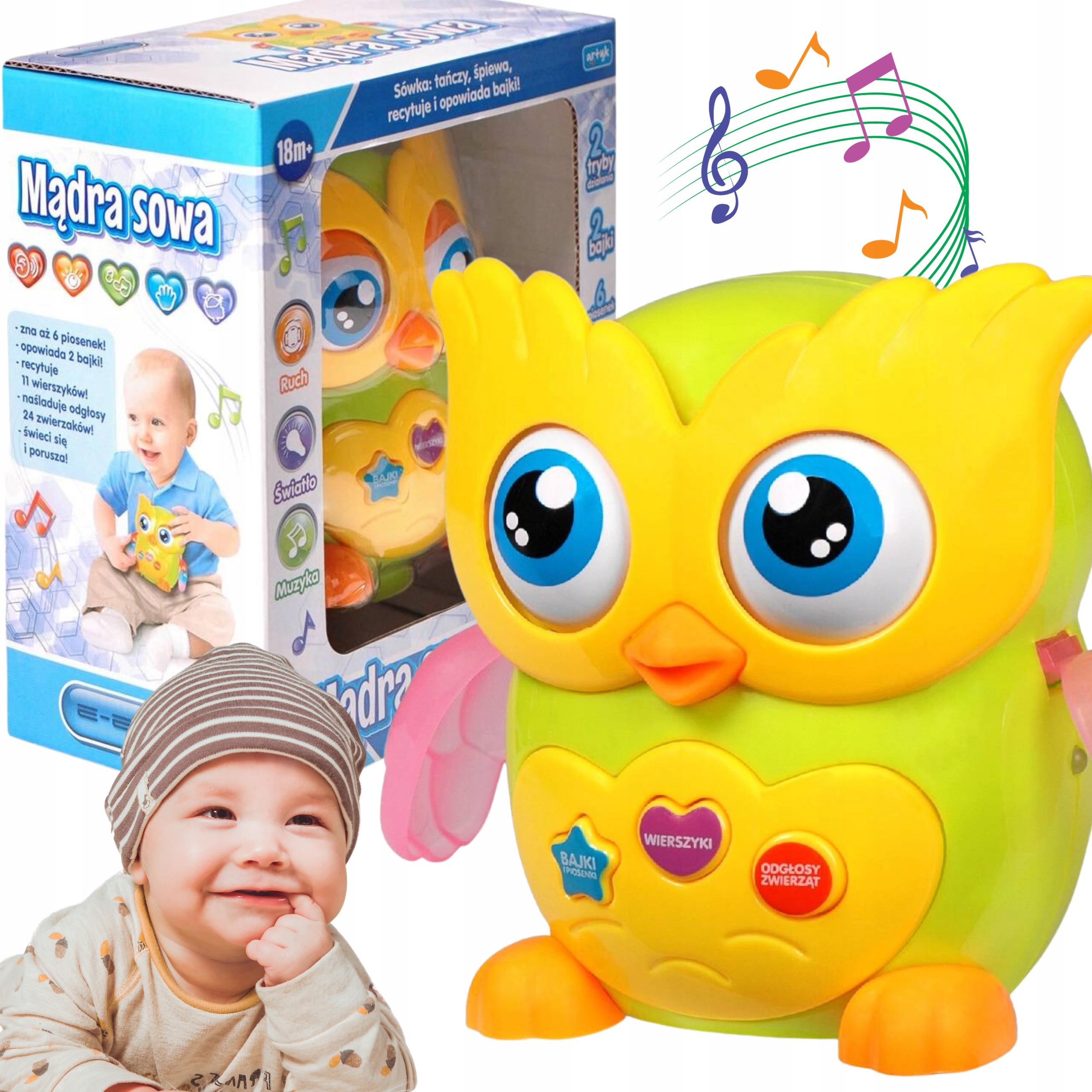 Zabawka Edukacyjna Mądra Sowa Opowiada Bajki Po polsku Dźwięki światła