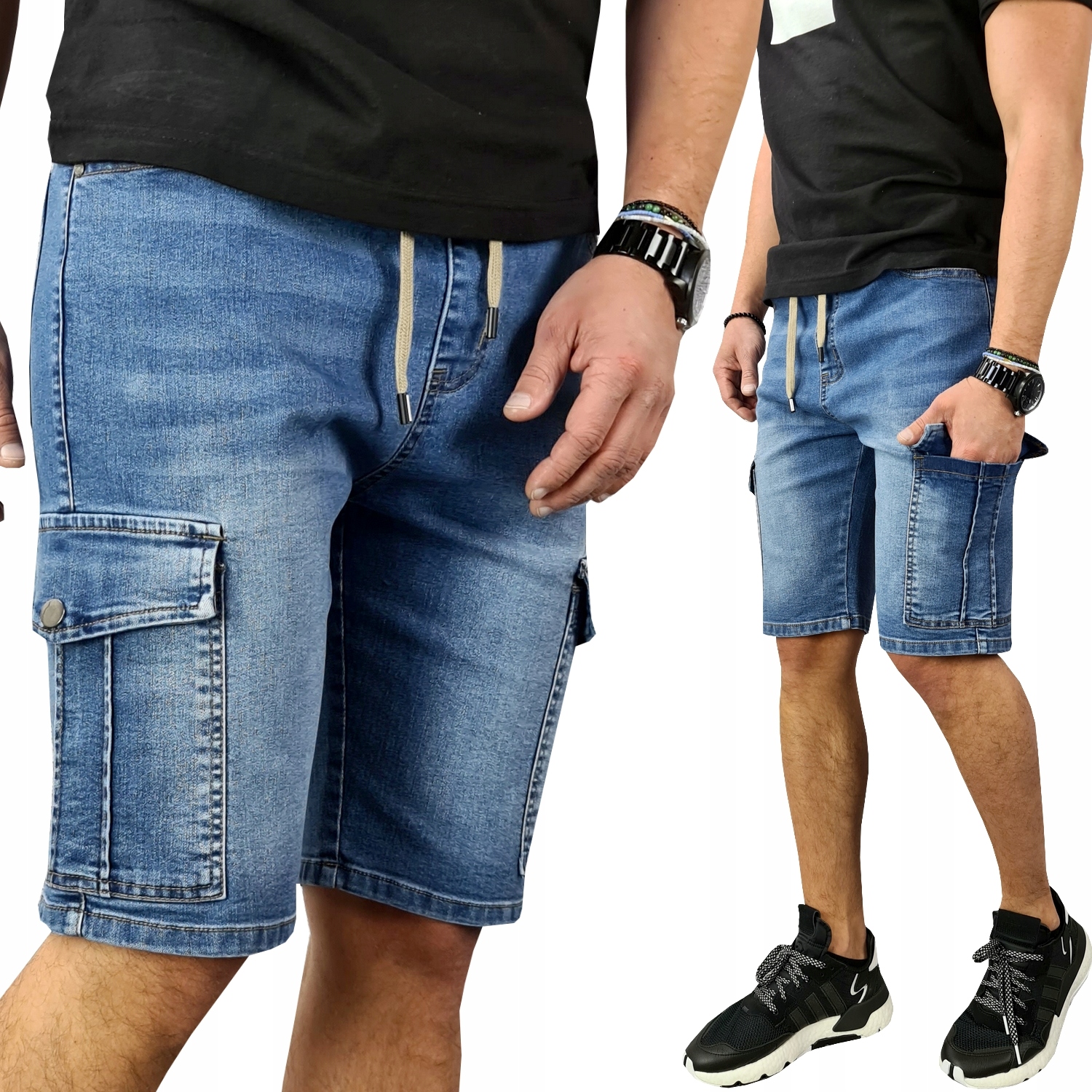 

Spodenki Jeans Bojówki Kieszenie Gumka Mocne L