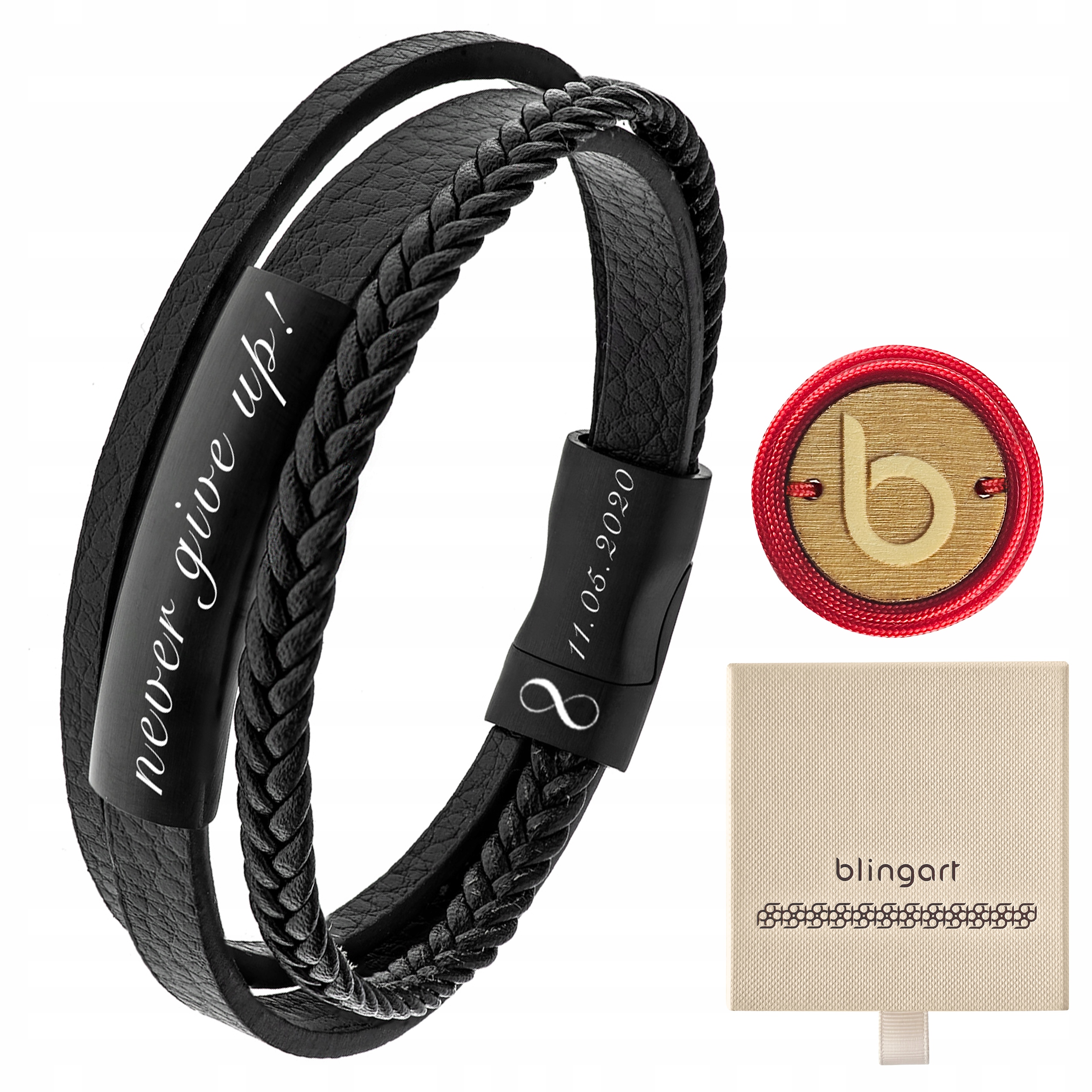 Bransoletka Skórzana damska z Grawerem Potrójna czarna Blaszka 316L