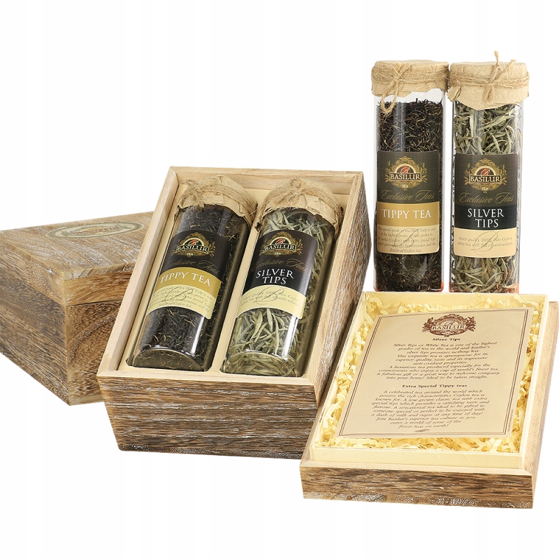 Levně Černý a bílý čaj – 2 Skleněné Tuby Basilur Silver Tips & Tippy – 100 g