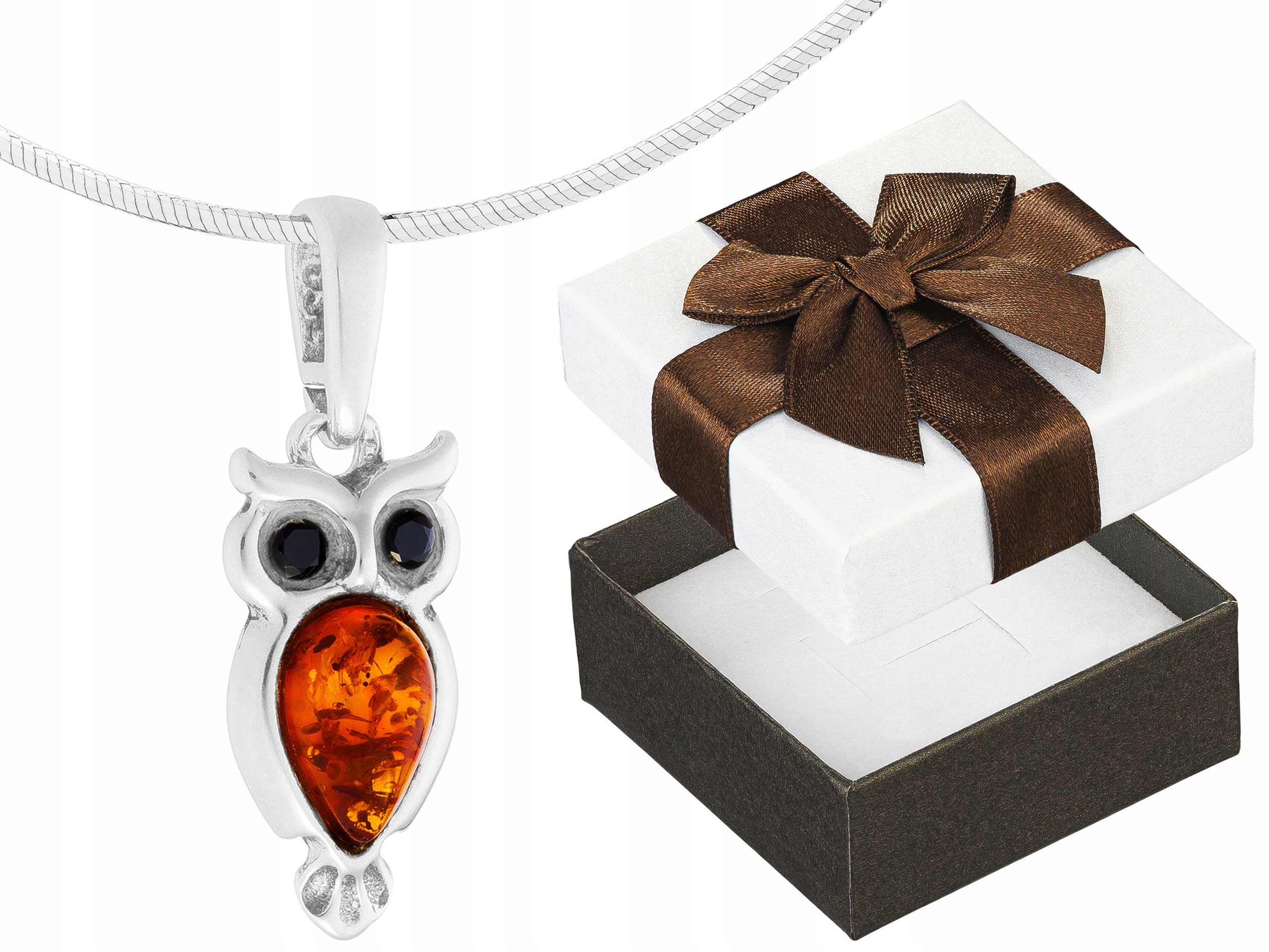 Krátký Stříbrný Oxidovaný Náhrdelník Pták Sova Jantar Zirkony Choker 30 cm