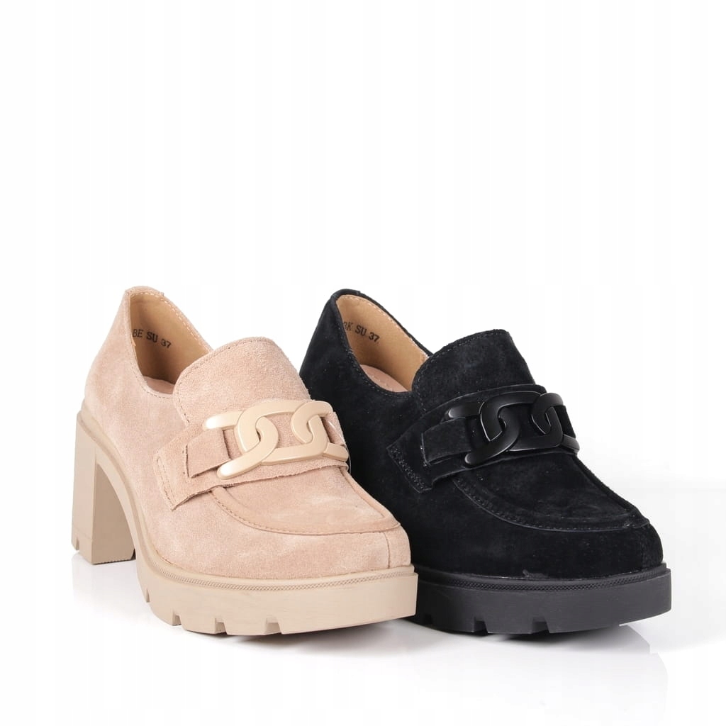 iButy PÓŁBUTY SKÓRZANE MOKASYNY NA SŁUPKU OBCASIE BEŻOWE Z ŁAŃCUCHEM NEW Kolor beżowy