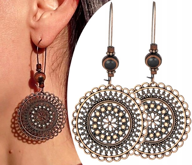

Kolczyki damskie retro miedziane ażurowe boho koła