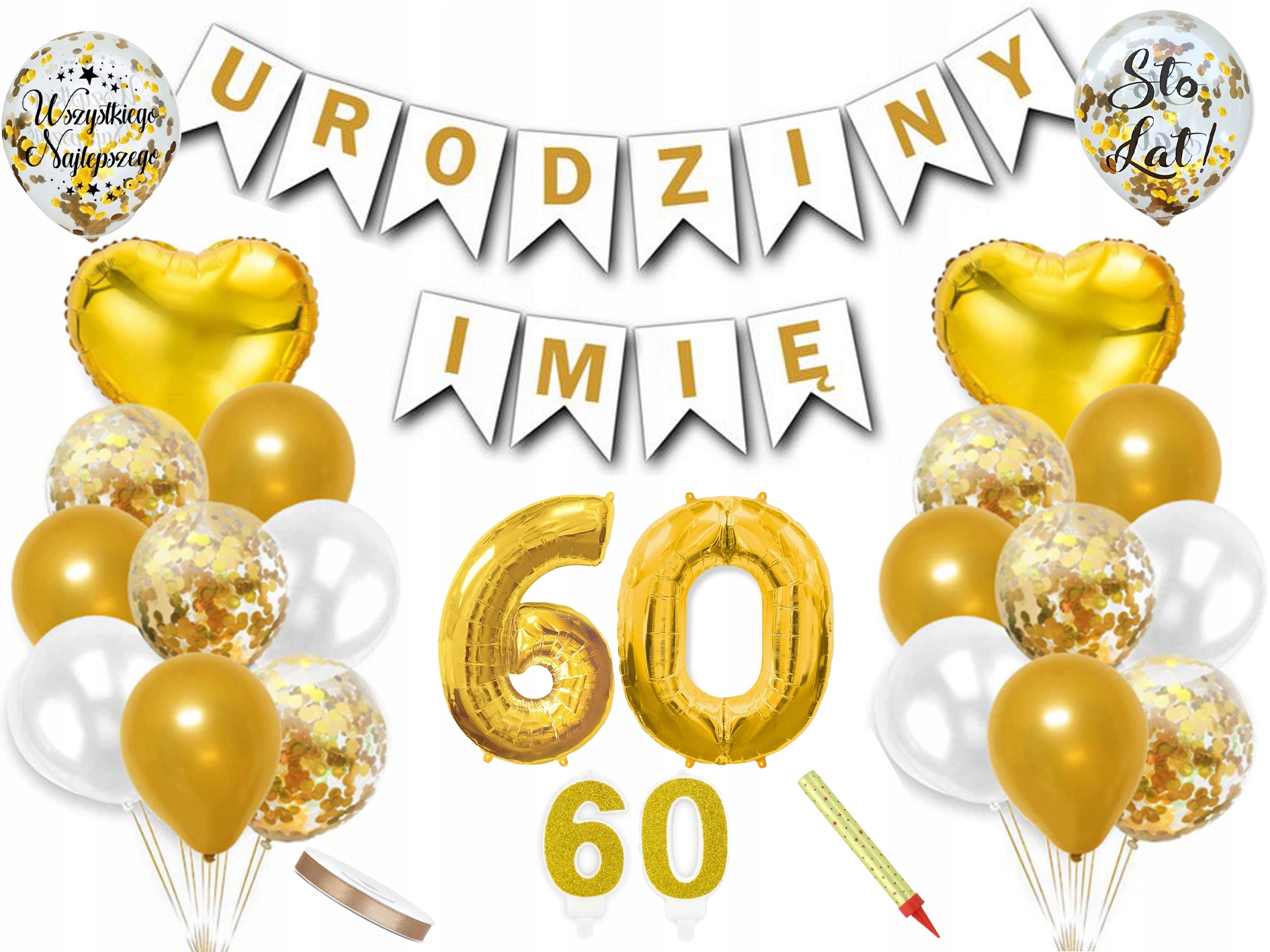 

Zestaw dekoracji na 60 urodziny baner imię balony