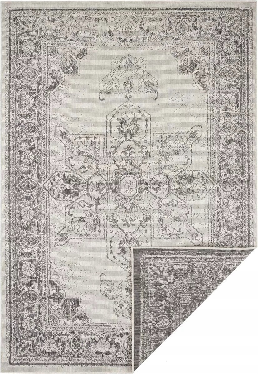 Koberec na terasu 120 x 170 cm, sivý krémový, obojstranný, šnúrkový