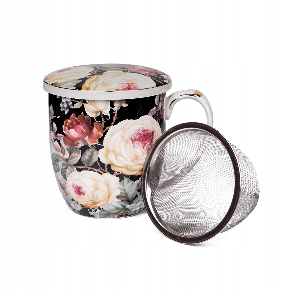 

Kubek Ceramiczny W Róże Z Zaparzaczem Czarny 420ML
