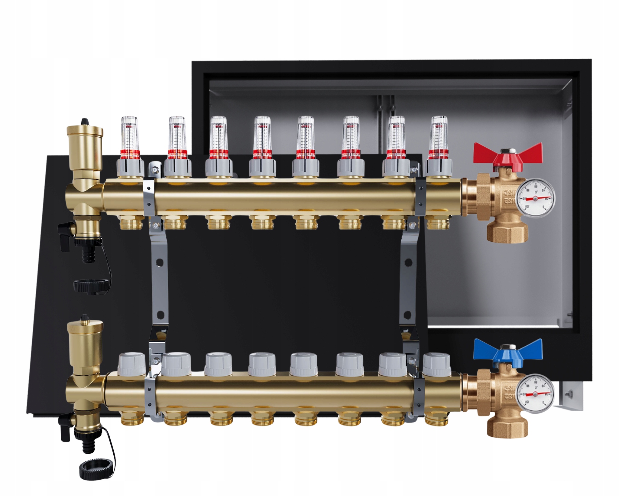 Rozdělovač Pro Podlahovku, 8 Okruhů S Podomítkovou Skříní, Černý Ventily