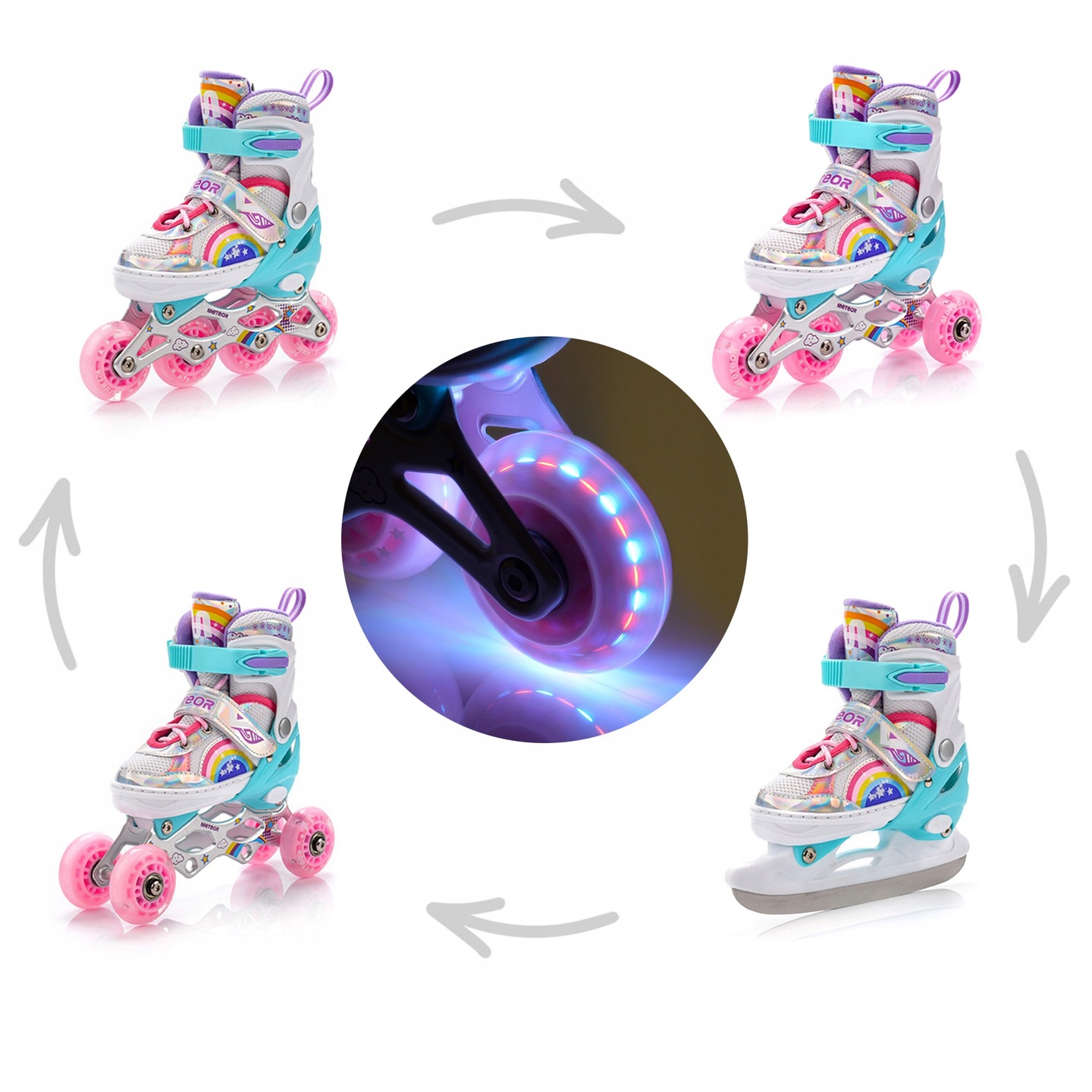 Kolečkové Brusle 4v1 Meteor Rainbow S 30-33 kombinované brusle: kolečkové, na led, inline Led 82A