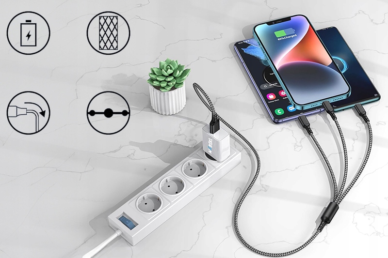 UNIWERSALNY WYTRZYMAŁY KABEL USB WEBSKI 6W1 USB-C MICRO LIGHTNING 3A 1,2M Kolor czarny