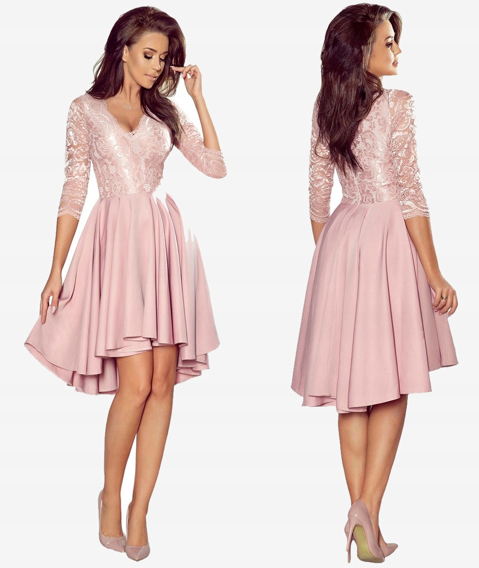 Asymetrické Šaty S Krajkovým Výstřihem, Delší Zadní Část Pudrová Růžová, Velikost XL