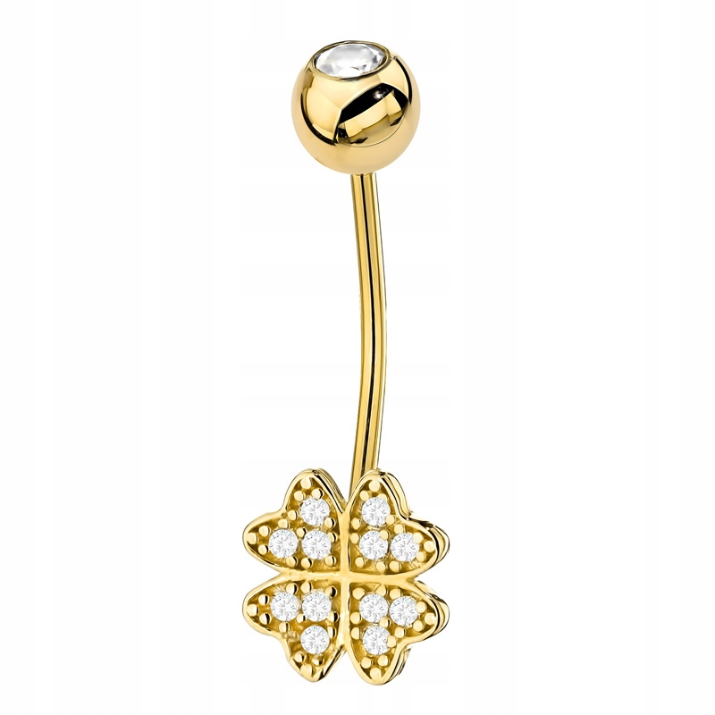 Zlatá Náušnice pr. 585 14k Do Pupíku Kulička Zirkon a Čtyřlístek Percing