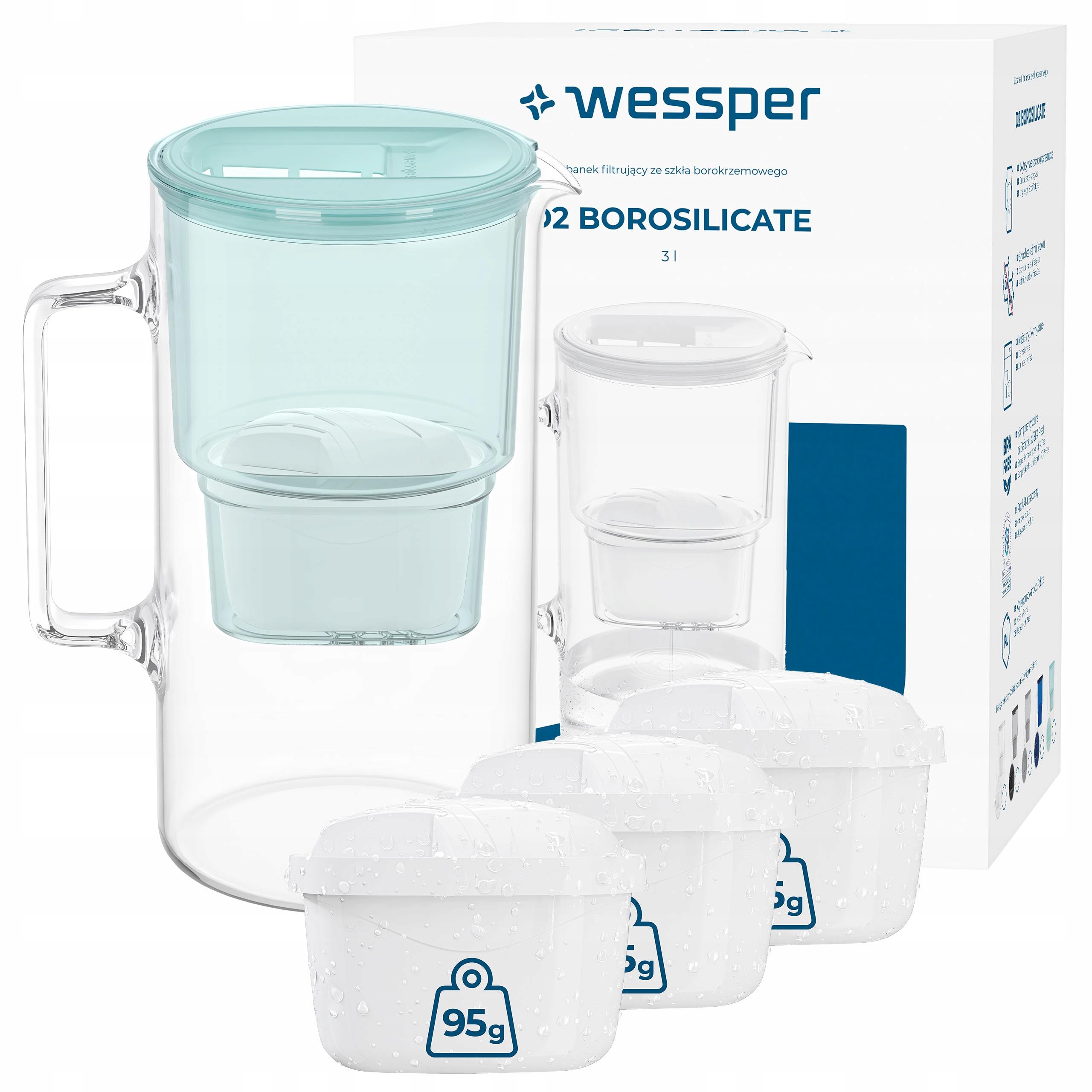 Skleněná filtrační konvice Wessper D2 Borosilicate 3 l mátová 4x filtr
