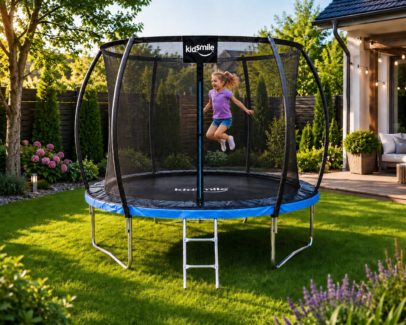 Trampolina ogrodowa z siatką wewnętrzną DZIECI 8FT 252cm drabinka niebieska