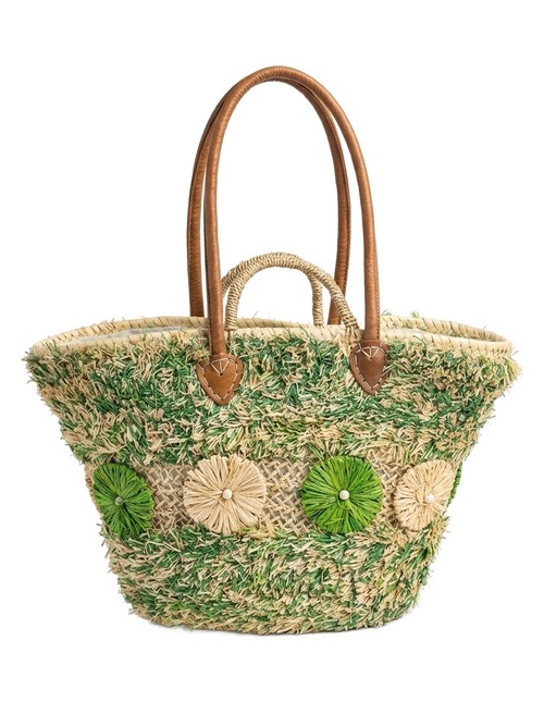 Ručně vyrobený koš z Maroka Boho Premium – Svěží Zeleň & Krém & Kůže