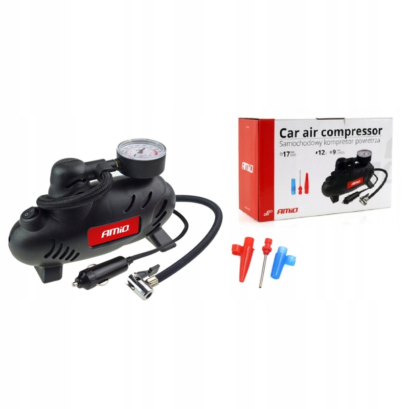 Kompresor samochodowy 12V 250 PSI pompka do kół sprężarka + adaptery AMIO