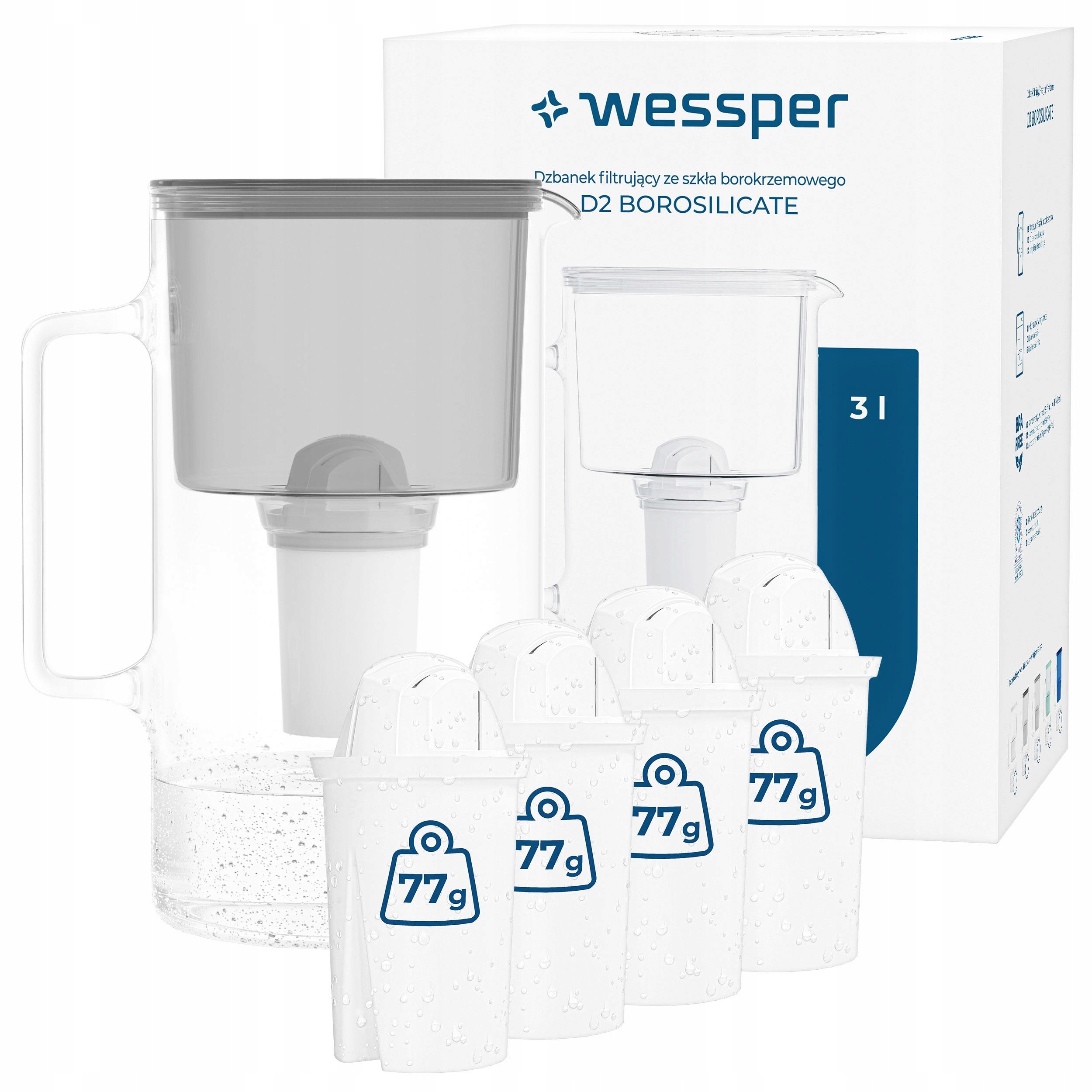 Szklany dzbanek filtrujący Wessper D2 Borosilicate 3l szary 5x filtr