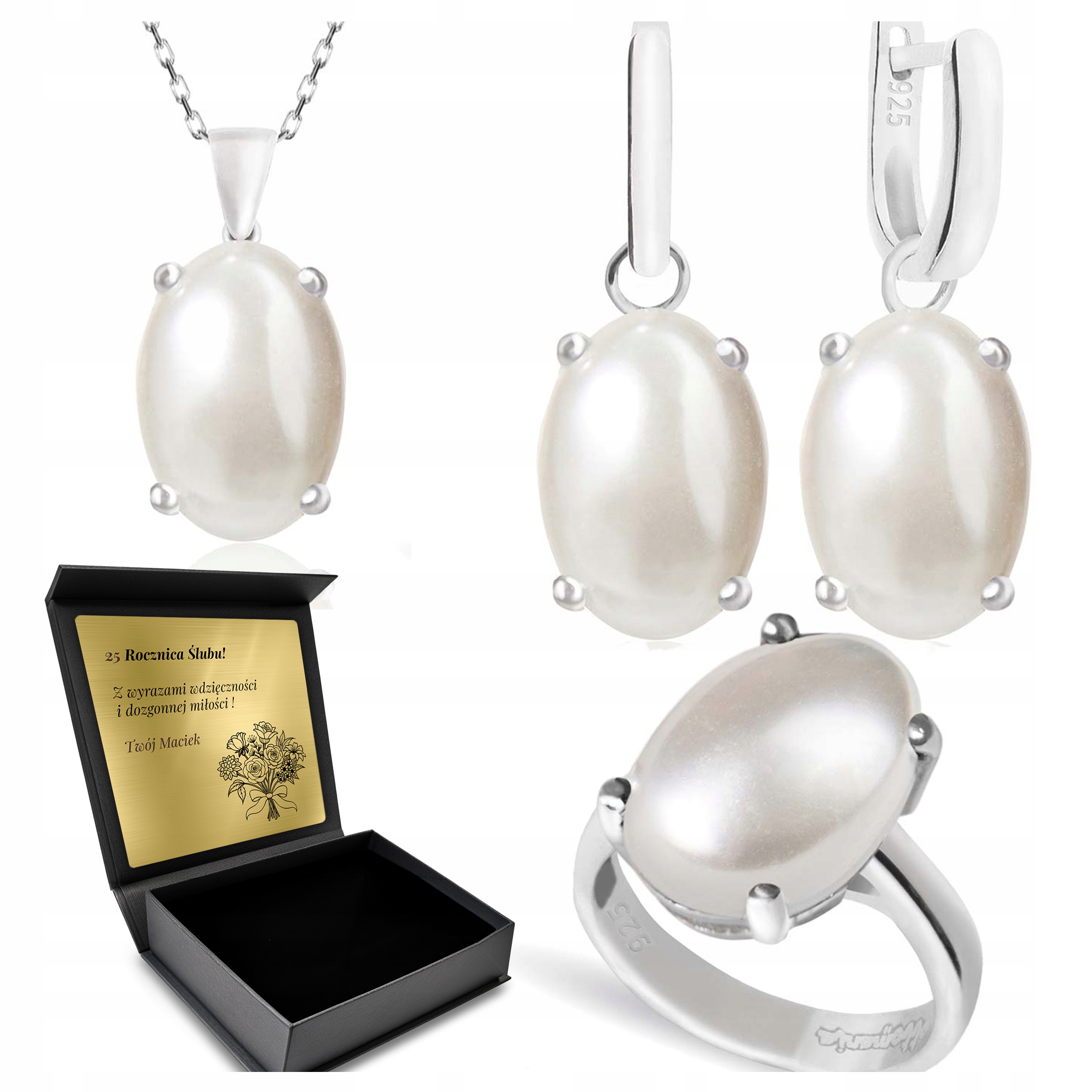Sada Stříbrných Šperků 925 Perla Sada Pro Ženu Gravírování Bonus