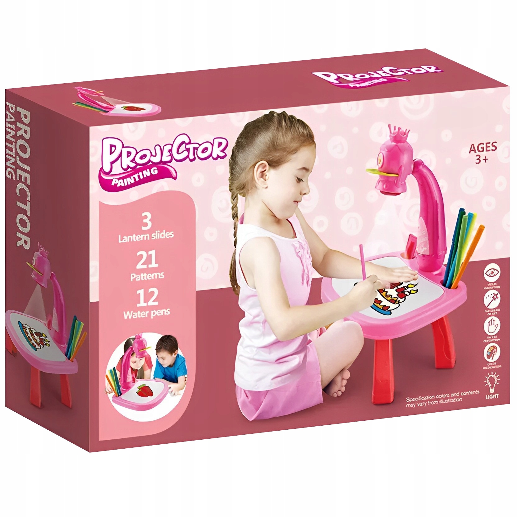 PROJEKTOR RZUTNIK DO NAUKI RYSOWANIA STOLIK RÓŻOWY SZKICOWNIK WZORY MAZAKI Wiek dziecka 3 lata +