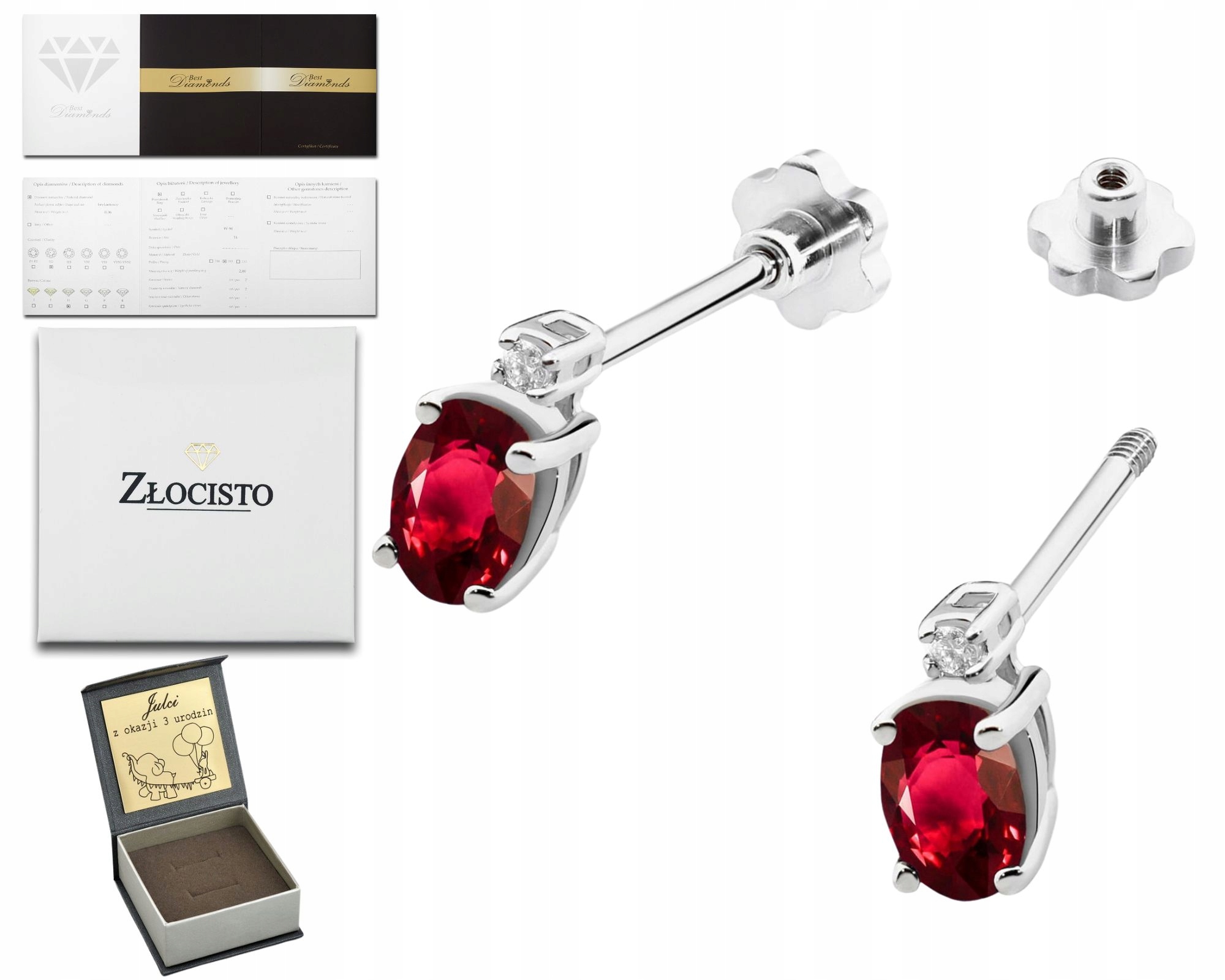 Bílé Zlato Náušnice S Rubíny A Diamanty Šroubovací Tyčinky Zlato 585